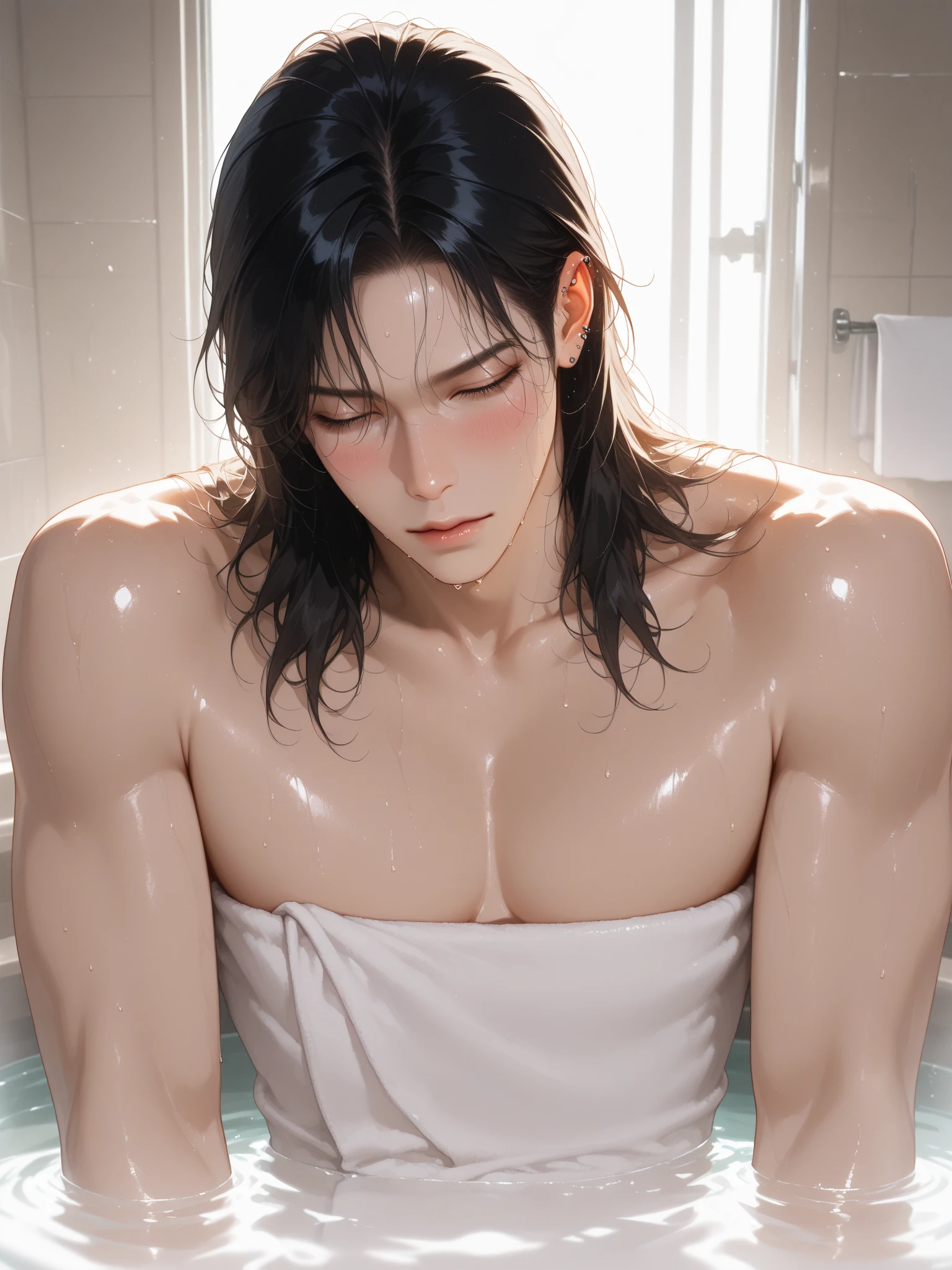 aged 40,Kogoro Mouri,boss,Shirtless man in underwear(The contour is raised)Lie in the bathtub,leg wide open,goatee,Black socks,