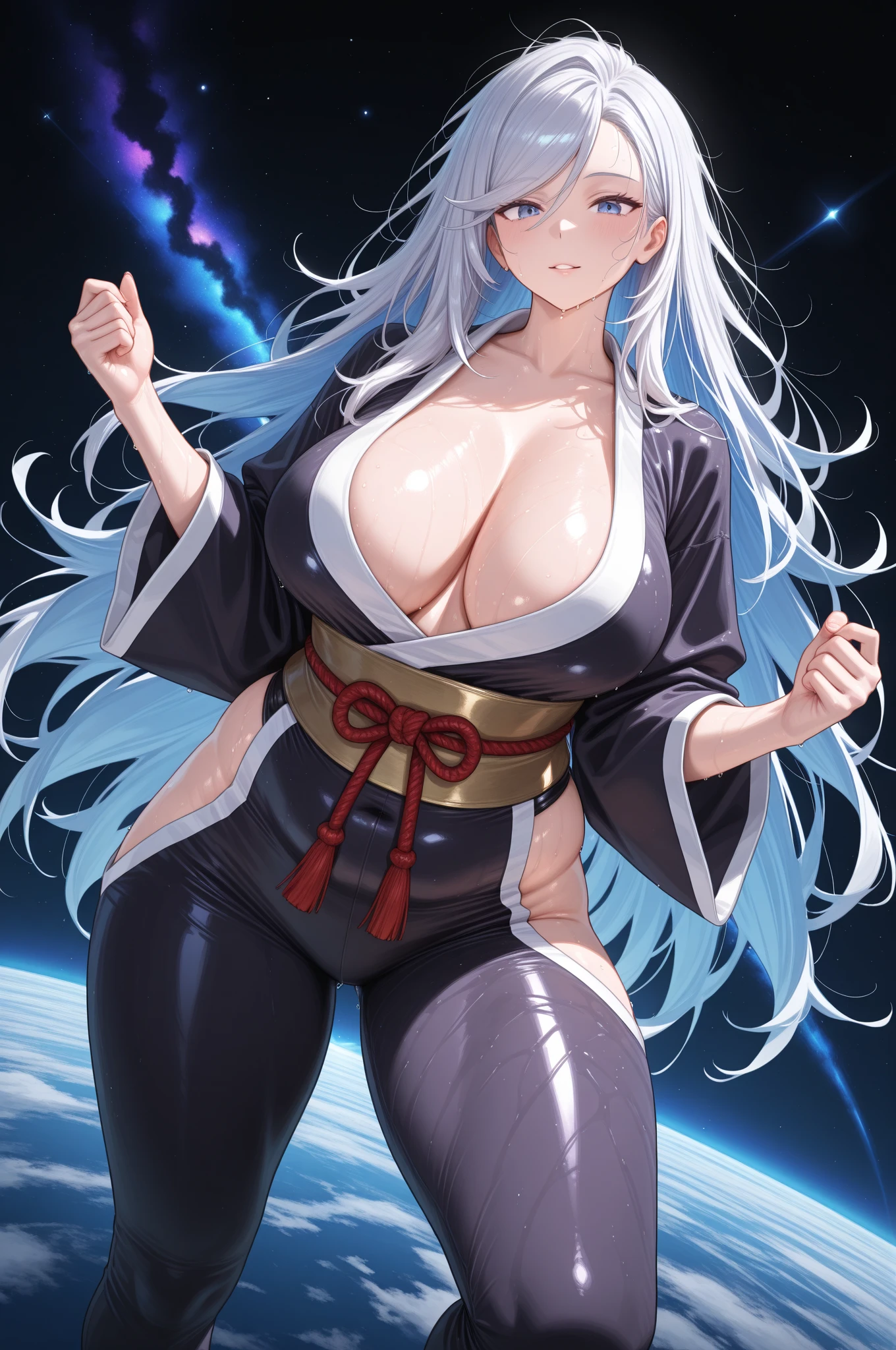 Defined female body, thick thighs, create the outfit that matches, short and long hair in white color, but with the color in blue and purple gradient at the ends, blue eyes. She has white fox ears and tail, but with blue color at the tips. Star mark on the forehead with the color blue.