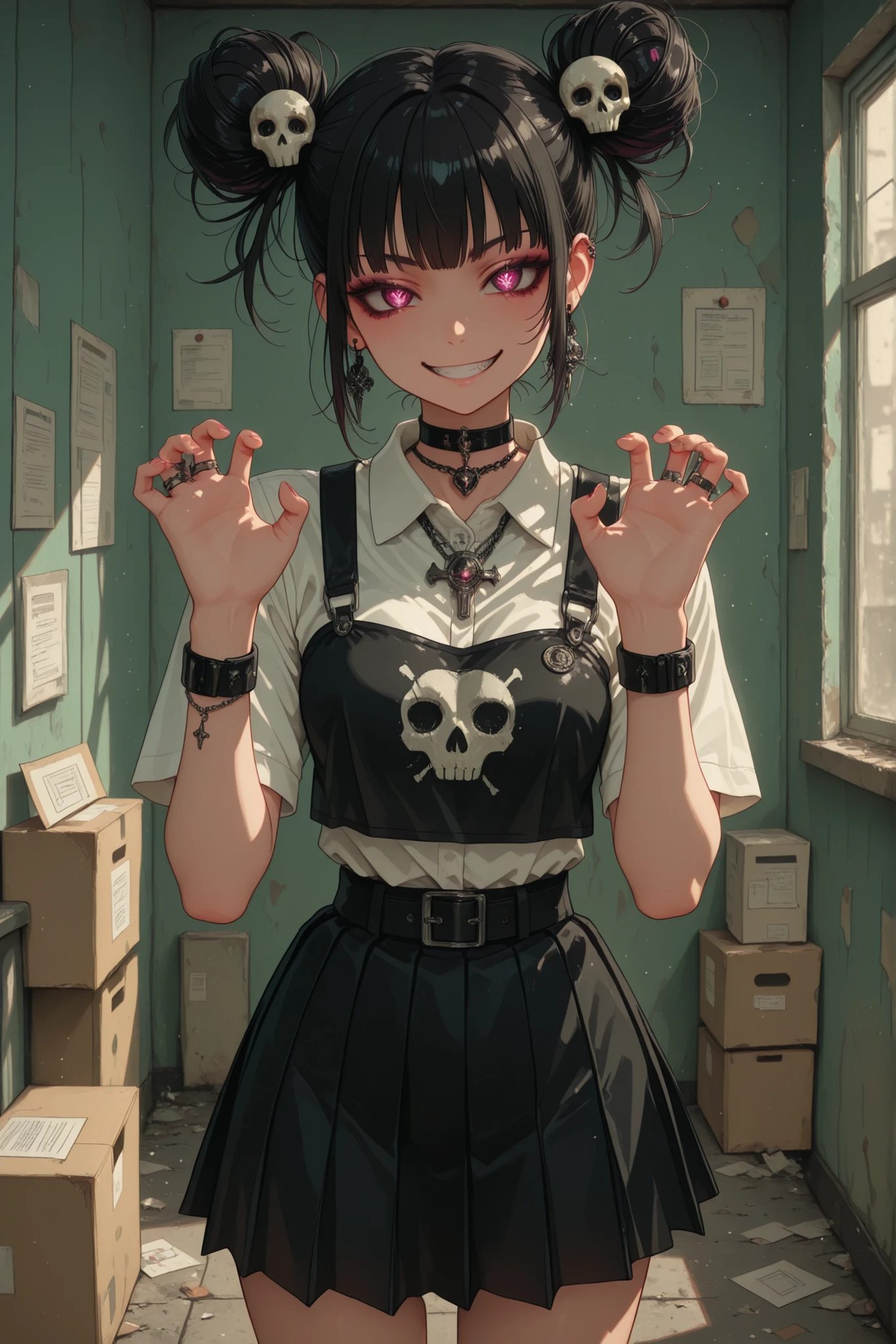 demonic girl ,postman, schoolgirl, дух postmanа, Grin, savagery, short pleated skirt,demonic hairstyle, jewelry, skull hairpin, a package in the hands of, ,fighting pose , Mail delivery, paper box in hand