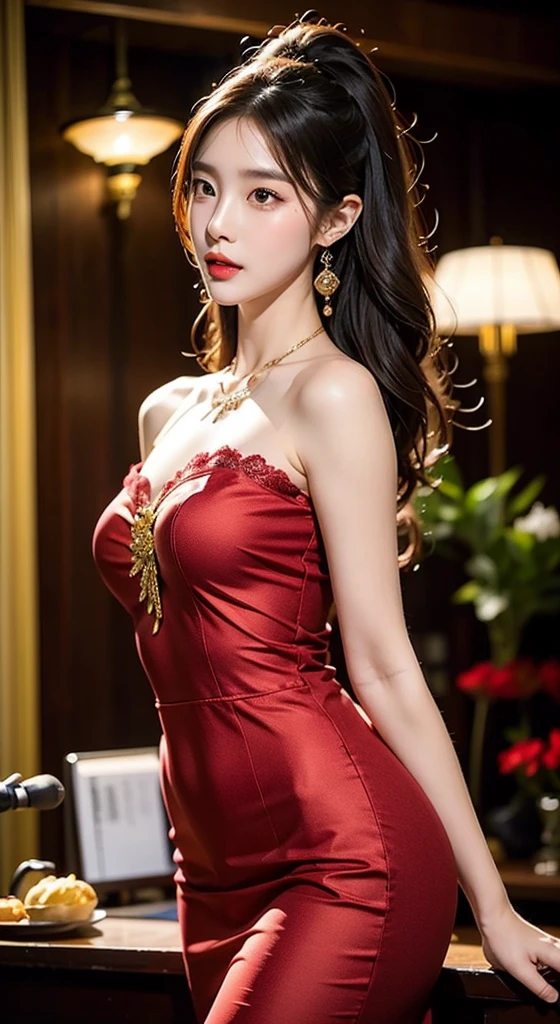 A very beautiful Asian girl,Alone,Mature girl,Dinner scene,Inside the palace banquet hall,In the luxuriously decorated banquet hall,satin dress,evening formal robes,Burgundy dress,Fishtail dress,strapless backless dress,shining dress(smooth surfacelack suspenders,Black and red high heelquisite and beautiful workmanship:1.2)Supermodel figure,supermodel height,A very beautiful girl,Perfect body example,Tight body shape,plumw,Perfect body curves,dermal,Skin texture  clear and delicate(Advanced skin details:1.1)Korean idol’s perfect face,A bright and beautiful smile,Long blonde hair,Light blonde wavy hair,Clear and fine hair texture(Quality hair details:1.1),exquisite eye makeup,Refined eye detailing,Blue pupil(Advanced eye detail:1.1)Best example of four fingers and a thumb,Wear earrings,choker necklace,bangle,Burgundy series,evening formal robes,Fishtail dress series,strapless backless dress,of photography,BestWorks,Best quality,Super refined,extremely high resolution,Shot by one person