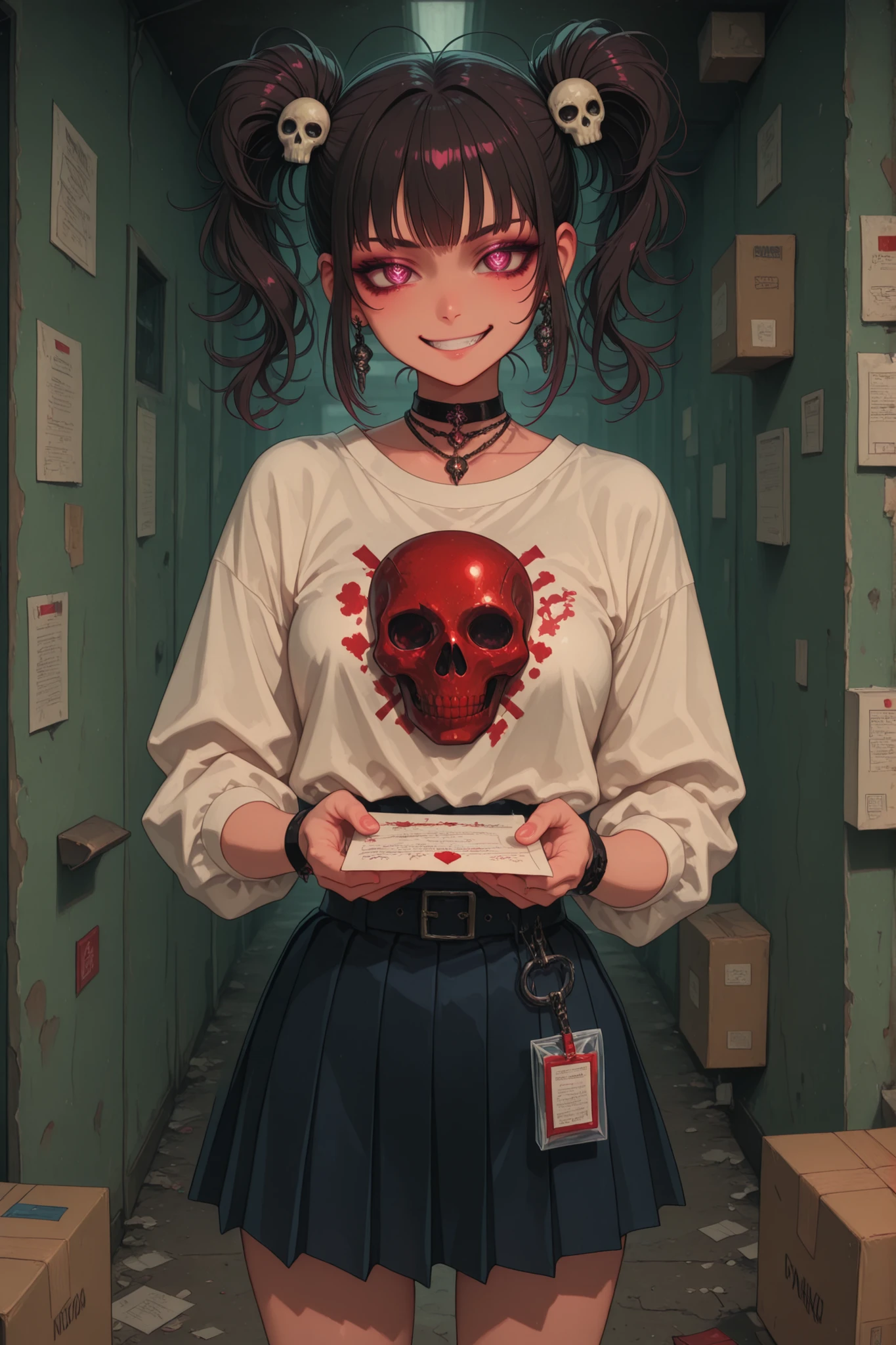 demonic girl ,postman, schoolgirl, дух postmanа, Grin, savagery, short pleated skirt,demonic hairstyle, jewelry, skull hairpin, a package in the hands of, ,fighting pose , mail delivery, paper box in hand, parcel bag, lots of letters around, a bunch of packages,