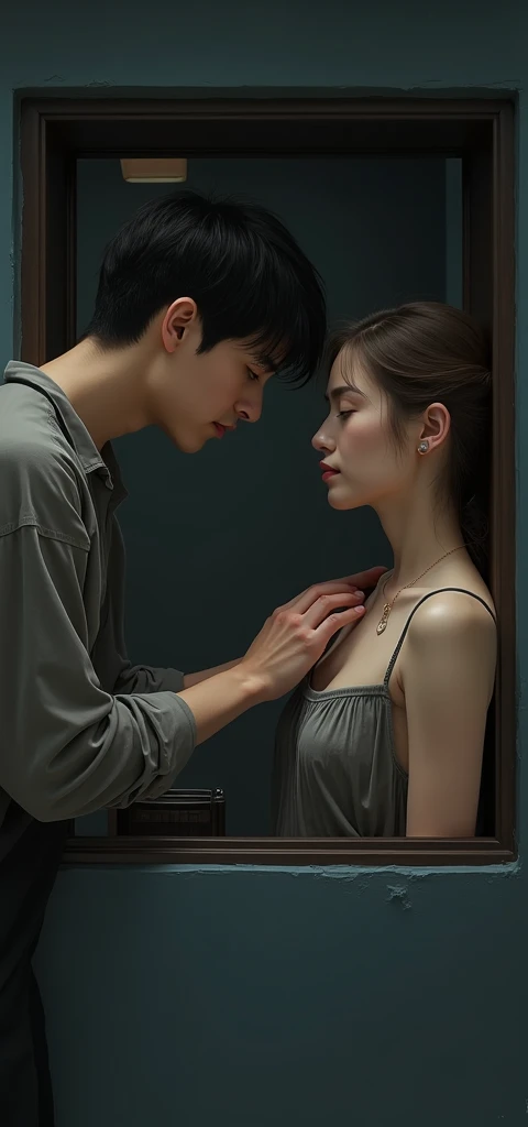 MAN and WOMAN turning their backs to each other, serious, both of them are of American nationality. HE has black hair and green eyes and a thin button-down shirt, and she is wearing a red DRESS and black hair and has a gun behind her. THEY are both turning their backs to each other and looking at opposite sides. MAN WITH SHORT HAIR NO LONGER THAN THE SHOULDERS and the girl&#39;s red dress is tight and strapless and they are of American nationality, so they don&#39;t have Chinese eyes or anything. THEY ARE TURNING THEIR BACKS