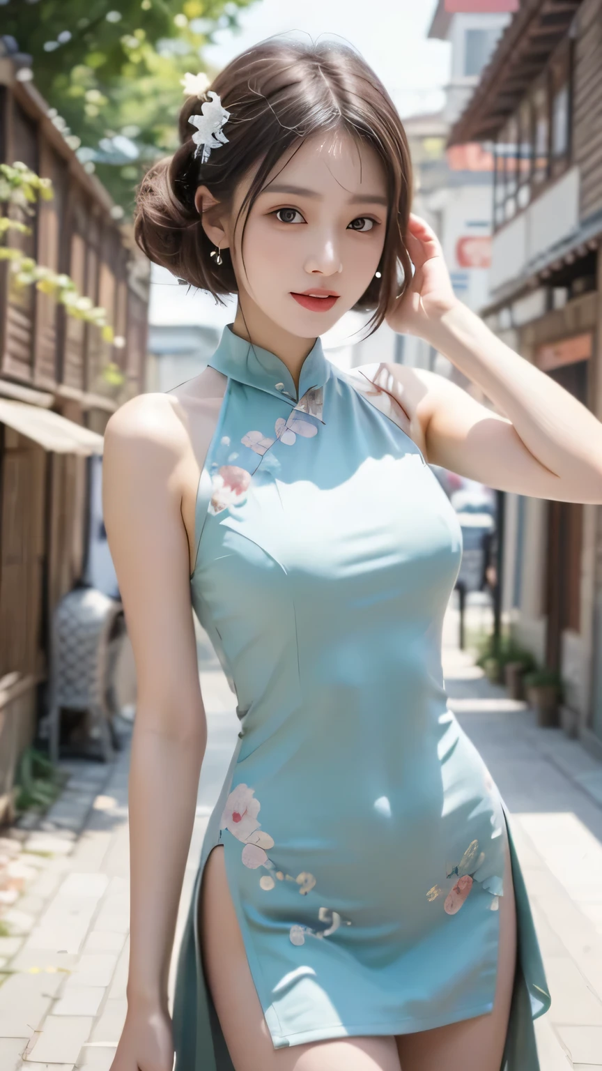 (masterpiece:1.2, top quality, best quality, 超high resolution), photoreality:1.3、Ultra High Definition、girls, Chinese dress、Stylish、summer, living、Sunshine, high resolution, Super Detailed、(Blush、Staring fascinatingly )、(big breasts、 cleft)、((Messy Hairstyle))、(perfect anatomy)、(Detailed Handshake:1.3, Perfectly Right Hands:1.3)