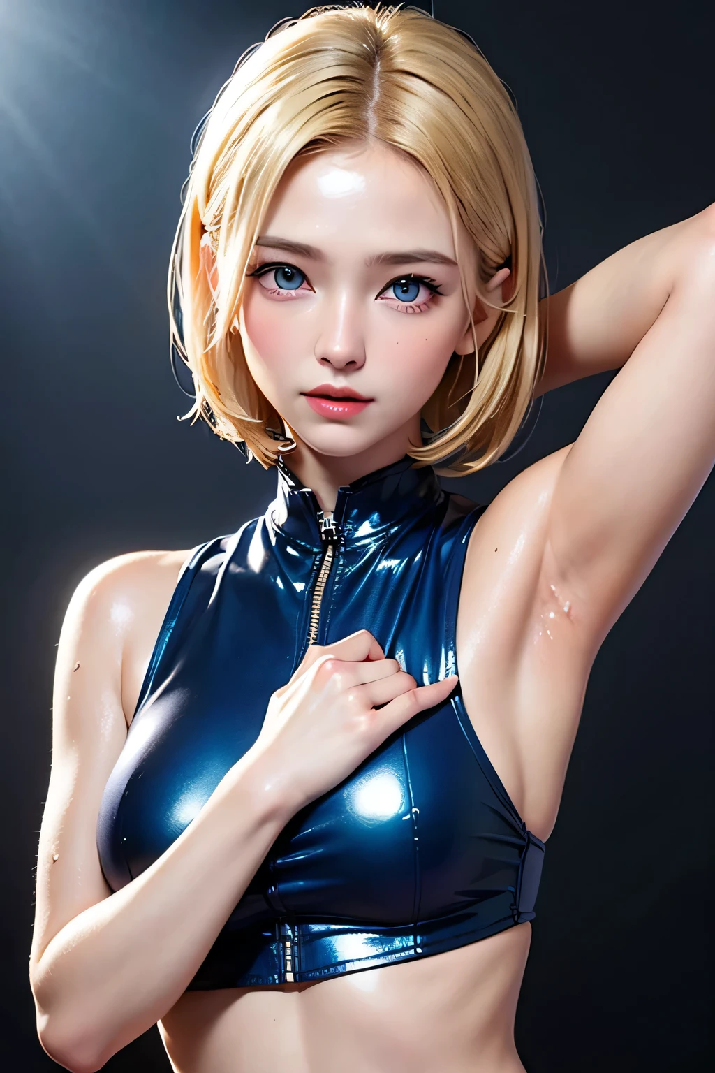 8k, Highest quality, Intricate details, Super detailed, Ultra-high resolution, masterpiece,, ((whole body: 1.1)), thin, smile, (compensate: 0.4), ,(( Cammy White, Blonde, bangs, short hair, blue eyes, Antenna Hair, Abdominal muscles, )), (fluffy eyes: 1.21),  One girl,  ((expensive)), (((Healthy Body))), (((Slim face))), Sharp Face,(Detailed face), Sharp Face, Small lips , Detailed face, solo, ((Close your eyes and open your mouth))、(Strong orgasm)、((20-year-old)),Facial wrinkles, Shapely large breasts, Slim figure (((Stand upright, Facing the center of the screen.))), Close your mouth and look ahead with a serious face, ((Cowboy Shot)),Find the chest and appeal to it、((Lift your arms and show your armpits))、((Strong orgasm))Brow wrinkles、Leather leotard