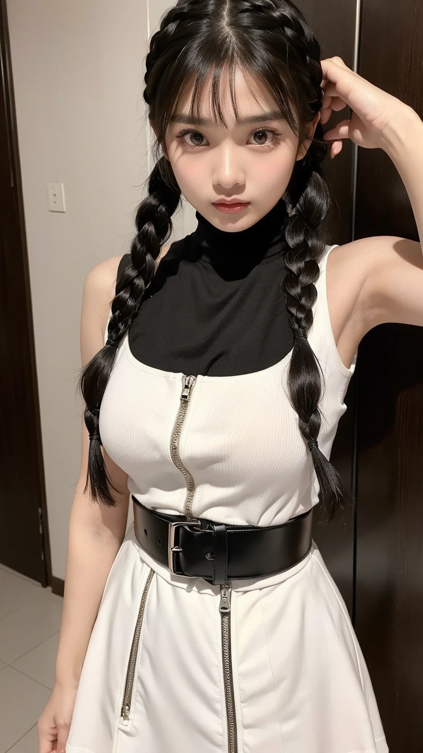 Masterpiece, High quality CG, anime, illustration, best quality, 1 girl, binding, Slavery, Beautiful face, detailed face, cowboy shoot, Dokkaebi, 1 girl, alone, look at viewer, black hair, braid, glasses, black gloves, belt, trousers, black eyes, twin braids, My hair is streaky., hatสีดำ, bodysuit, black trousers, glassesทรงกลม, black bodysuit, hat, Hair behind the ears,