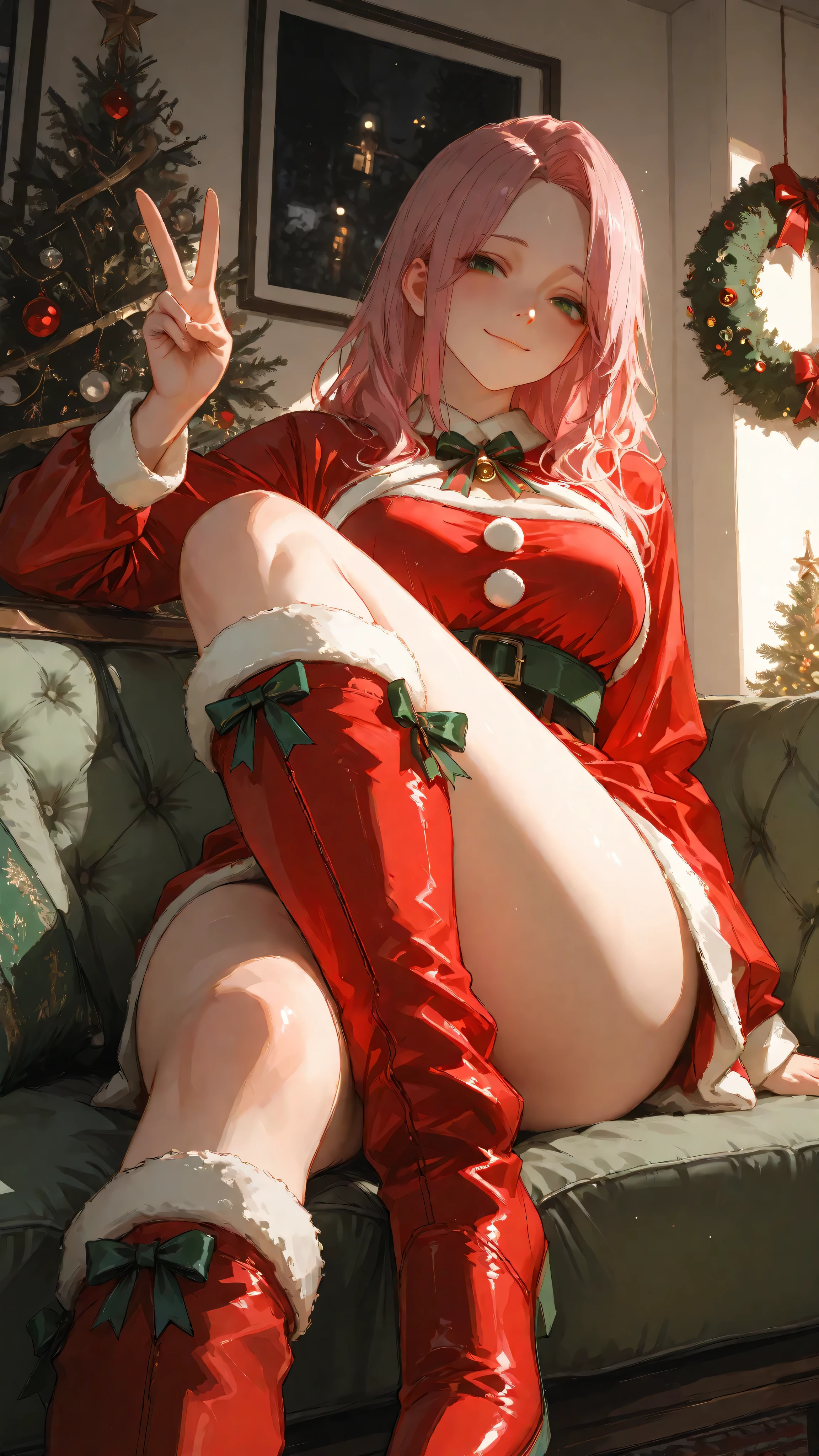 (master piece: 1.1), (mina ashido), 1girl, detailed face, ((pink skin)), pink hair, black eyes, horns on head, thin waist, thick legs, (yellow pupil),smiling in love, short hair, anime character, red dress, christmas clothes BREAK (perfect_hands:1.2, elegant fingers with well-detailed joints, perfectly shaped and detailed nails, good_hands:1.1) BREAK ((wearing santa hat)), sfw art, red dress, high detailed image, (christmas set background), christmas tree, christmas gifts, castle, bed, castle room, soft shadows