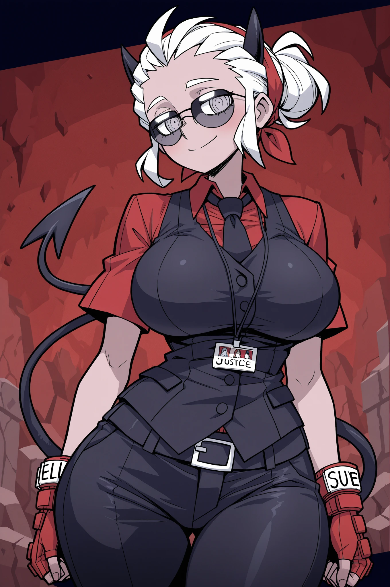 1girl, solo, mature woman, pointy ears, breasts, wide hips, thick thighs, blush, blushing, horns on head, demon tail, large breasts, dynamic angle, sharp focus, standing, heterochromia, 8k resolution, cargo crate, zip up, industrial facility, rolled up sleeve, popped up collar, mechanic jumpsuit, gloves, skin tight, work boots, cargo pockets, chest pockets, cleavage, curvaceous, big breasts, thigh gap, boob overfill, thick thighs, zipping down, hand on zipper,