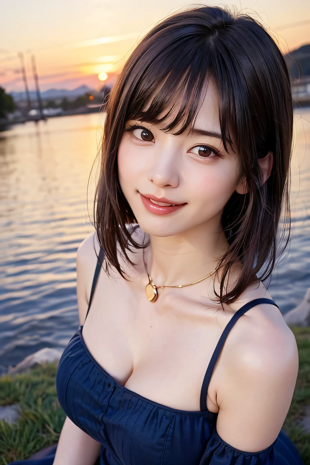One Girl, (beautiful girl, Delicate girl:1.3), (16 years old:1.3),
break, (Sunset sky　background:1.2),
break, Shy laugh, Very beautiful eyes, (Symmetrical eyes:1.3),
break, (Big Breasts:1.3), T-Shirts, Brown eyes, Parted bangs, Brown bob cut hair, Round face, cute,
break, (Eye and facial details:1.0),
break, (masterpiece, Highest quality, Very detailed, Detailed face, 8k)