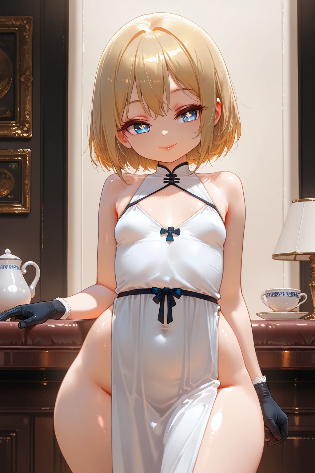 high resolution, best quality, girls, 10 years old, pretty face, beautiful hair, double bun hair, (small breasts), slender, detailed eyes, cute eyes, (beautiful legs:1.2), slim-legs, (blush), pout,(detailed sheer china dress),(stockings),nsfw