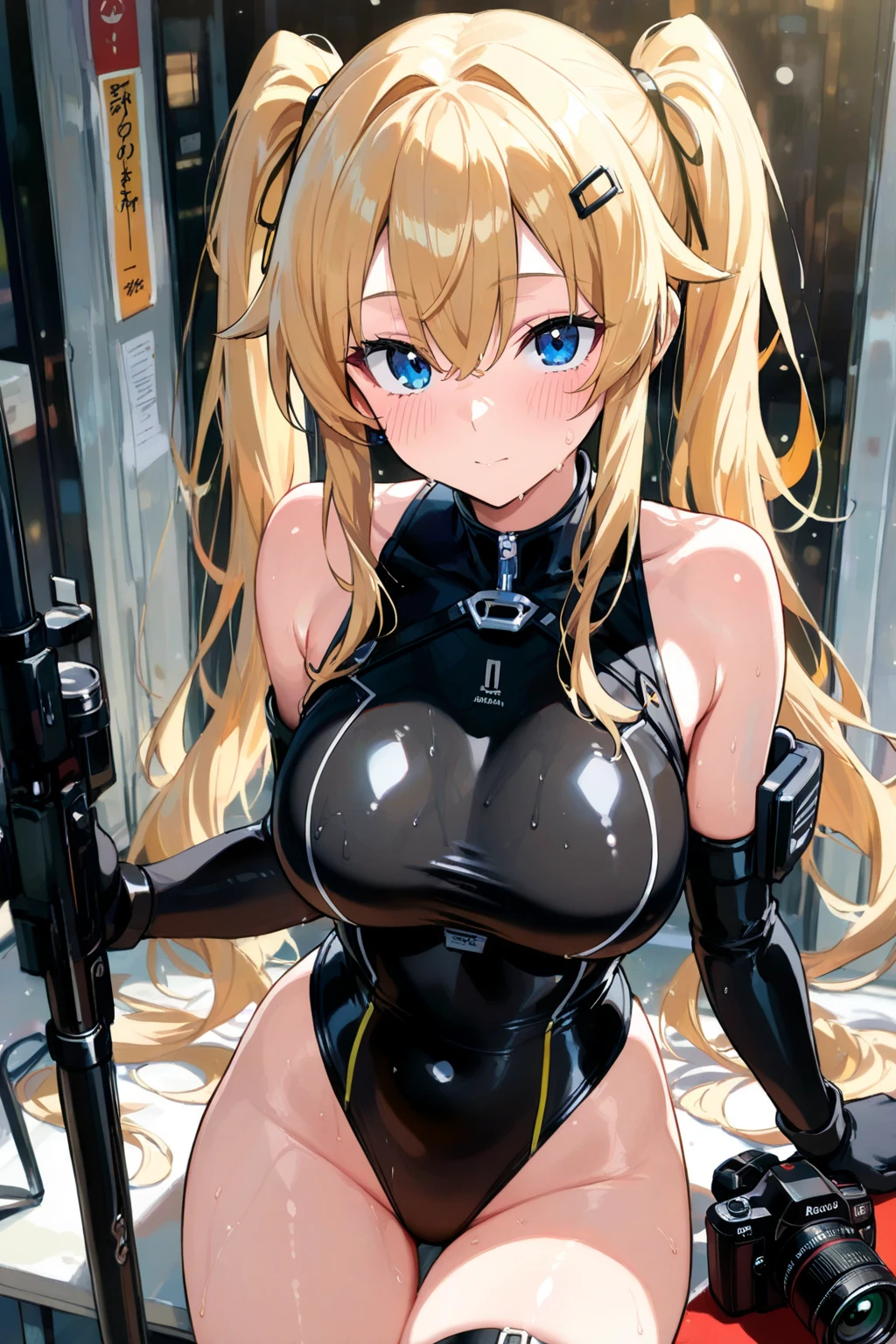 ((highest quality)), ((masterpiece)), (be familiar with), (High definition), 8K, Perfect Face、2Women、Two blonde women with cat ears、((モビルスーツの2cockpitのコックピットでスタンバイ中))、Fearless smile、tall、2 Blonde cat ears、2. Long Hair、2. Volumetric hair style、Large Breasts、Narrow waist、Big Ass、glamorous、Alluring、protector、Armor、combat suit、Combat Boots、Armament、Cinematic、Best Shadow、Side lighting、NEO TOKYO、((cockpit))、(Close-up of face)