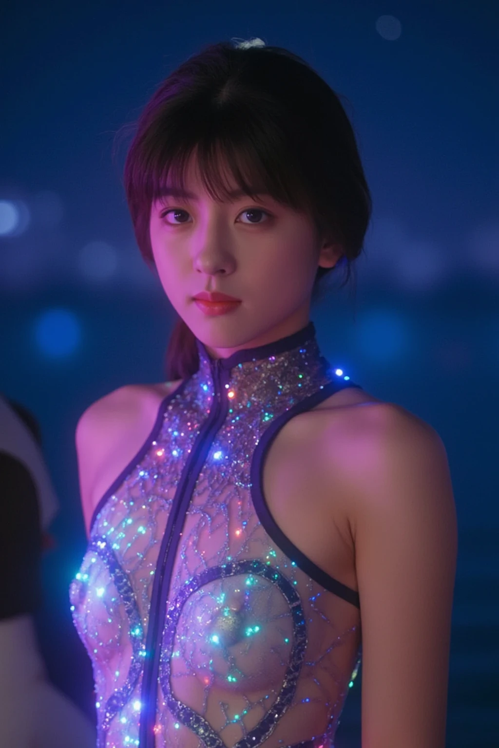 Solitary, 1 Girl, Purple Eyes, Purple Hair, bubble, Looking at the audience, portrait, Half closed eyes, short hair, Shut up,shiny bubbles,bubbles, colour shining in bubble, reflective bubbles,bubbles ,bubbles all around, turning into bubble