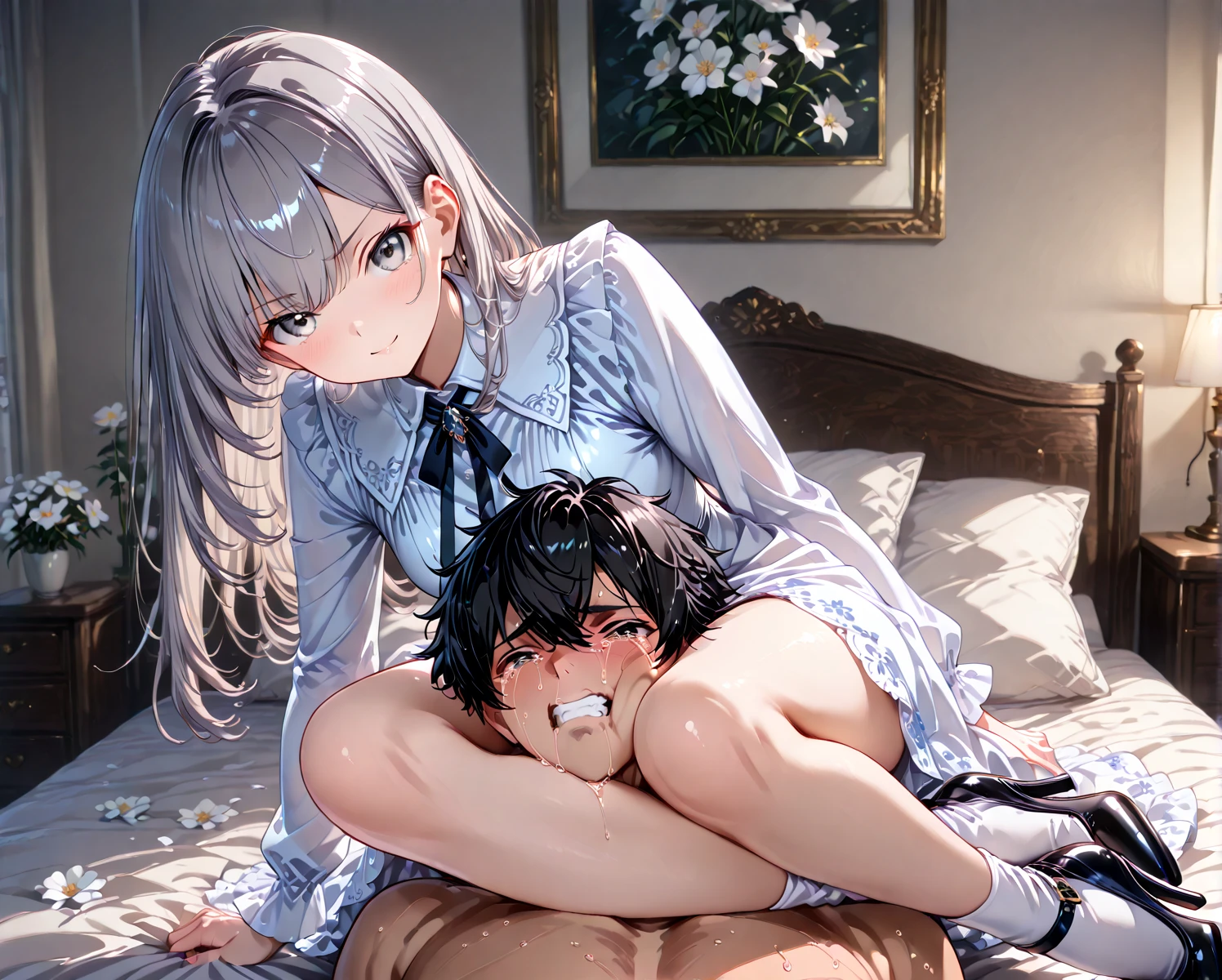 Cute beautiful girl、Embarrassing blush、Screaming and crying、Gothic Lolita Lingerie、Wavy Hair、From below、thong anal