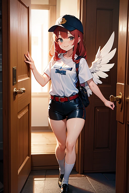 Beautiful red-haired woman with long, straight hair falling under her shoulder, wearing high school clothes, blouse with red tie and red mini skirt, black socks that go up to the knees and All Star sneakers, with angel wings, red makeup around the eyes making a drawing on the face, purple eyes, red lipstick, a mole on the left side of the mouth, perfect face, expression of shame, cute expression, perfect body, round chest, big ass, thick thighs, whole body, detailed scenery, detailed photo, masterpiece, 8k, raw photo, perfect lighting