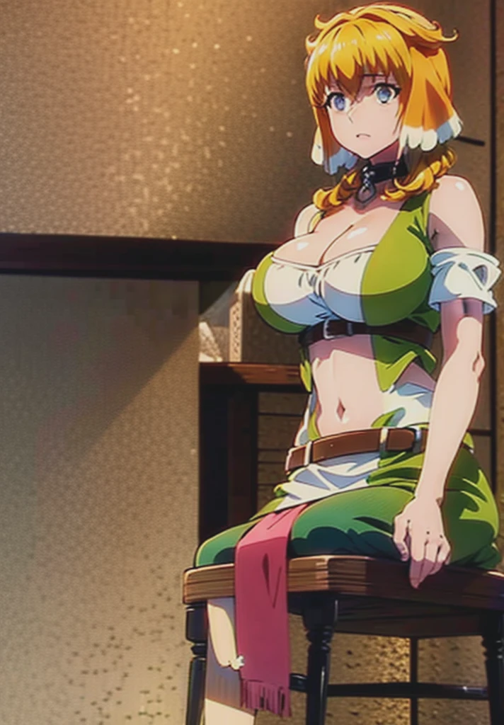 ,(Best quality,4k,8K,a high resolution,masterpiece:1.2),Dimaria Yesta, detailed,sexual),((Cute expression)),(Grey eyes)Brown hair,I look at the viewer,(big breasts),on open air,determination in her eyes,beliefs(Best quality,4k,8K,a high resolution,masterpiece:1.2),realistic,ultra detailed,cruel expression,cloth (Kimano),sitting,determination in her eyes,confident and fearless,Bright colors,muscular build,slim and fit figure,epic fantasy work, sexual and fearless,Stage lighting,Bright colors,muscular build,slim and fit figure,Park,(frightened)