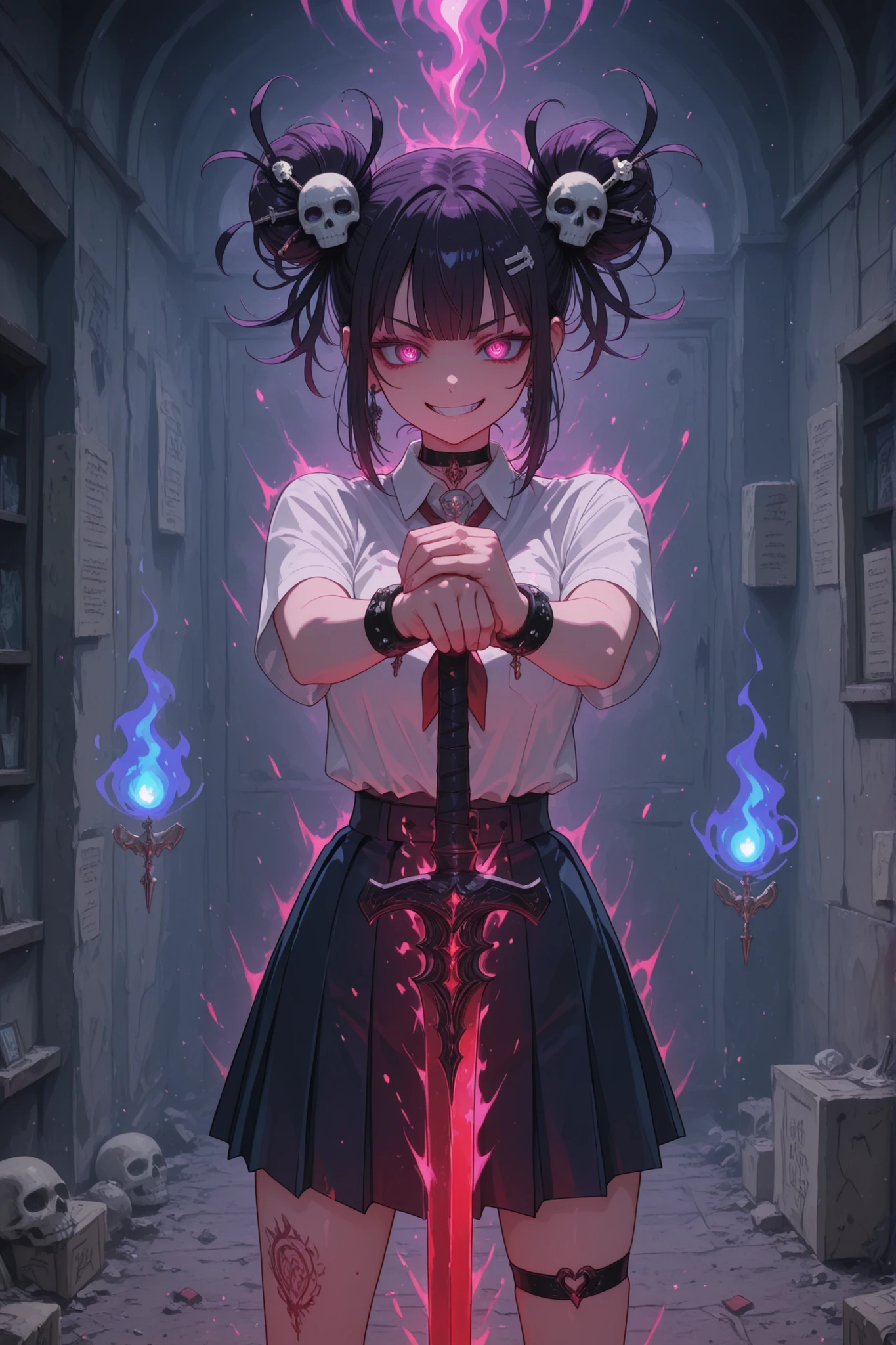 Demon girl postman, schoolgirl, postman spirit, Grin, savagery, short pleated skirt,demonic hairstyle, jewelry, skull hairpin, a package in the hands of, bloody sword,aikido fighting pose, magic aura of the sword, hieroglyphs in the air,