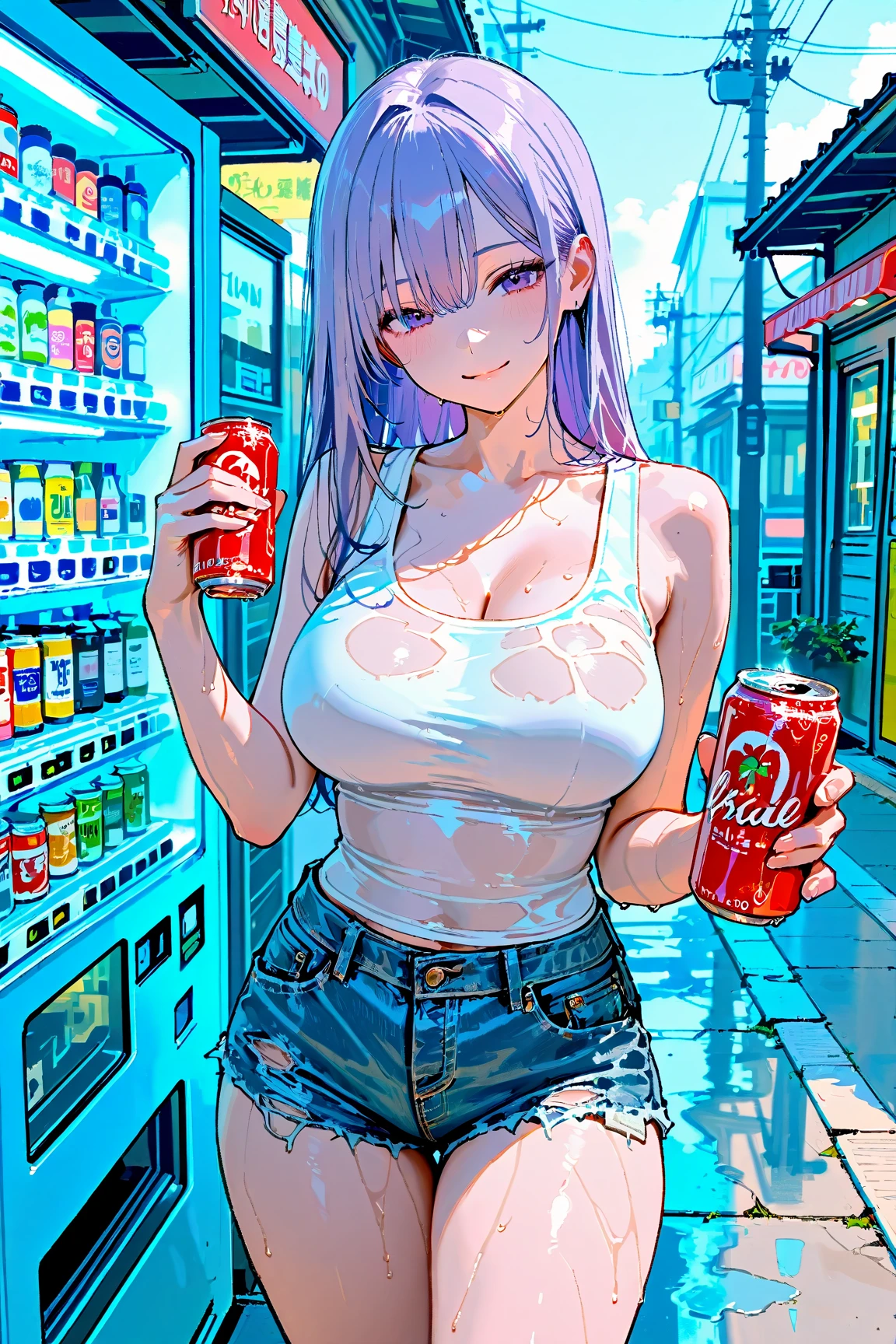naughty smile, long curly hair over the shoulder, pink blouse, cleavage, unzipped shorts, broad hips, convenience store, lustrous dark skin, glowing blue eyes
