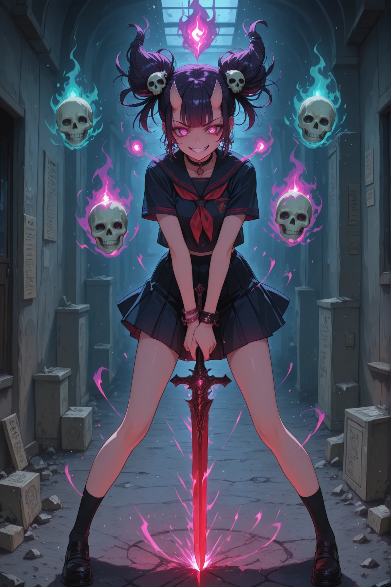 Demon girl postman, schoolgirl, postman spirit, Grin, savagery, short pleated skirt,demonic hairstyle, jewelry, skull hairpin, a package in the hands of, bloody sword,aikido fighting pose, magic aura of the sword, hieroglyphs in the air,