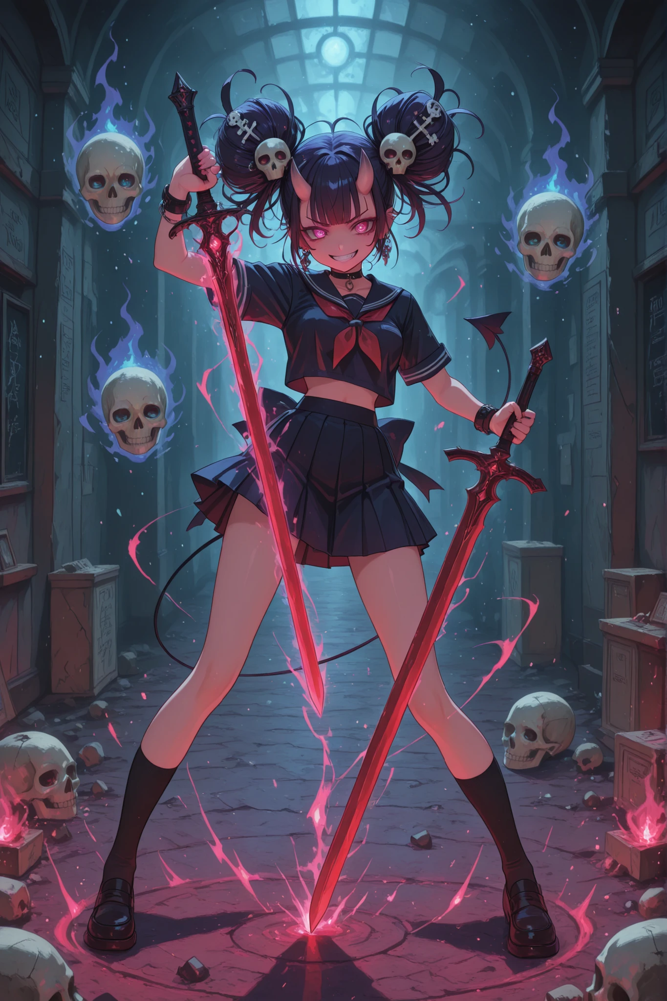 Demon girl postman, schoolgirl, postman spirit, Grin, savagery, short pleated skirt,demonic hairstyle, jewelry, skull hairpin, a package in the hands of, bloody sword,aikido fighting pose, magic aura of the sword, hieroglyphs in the air,