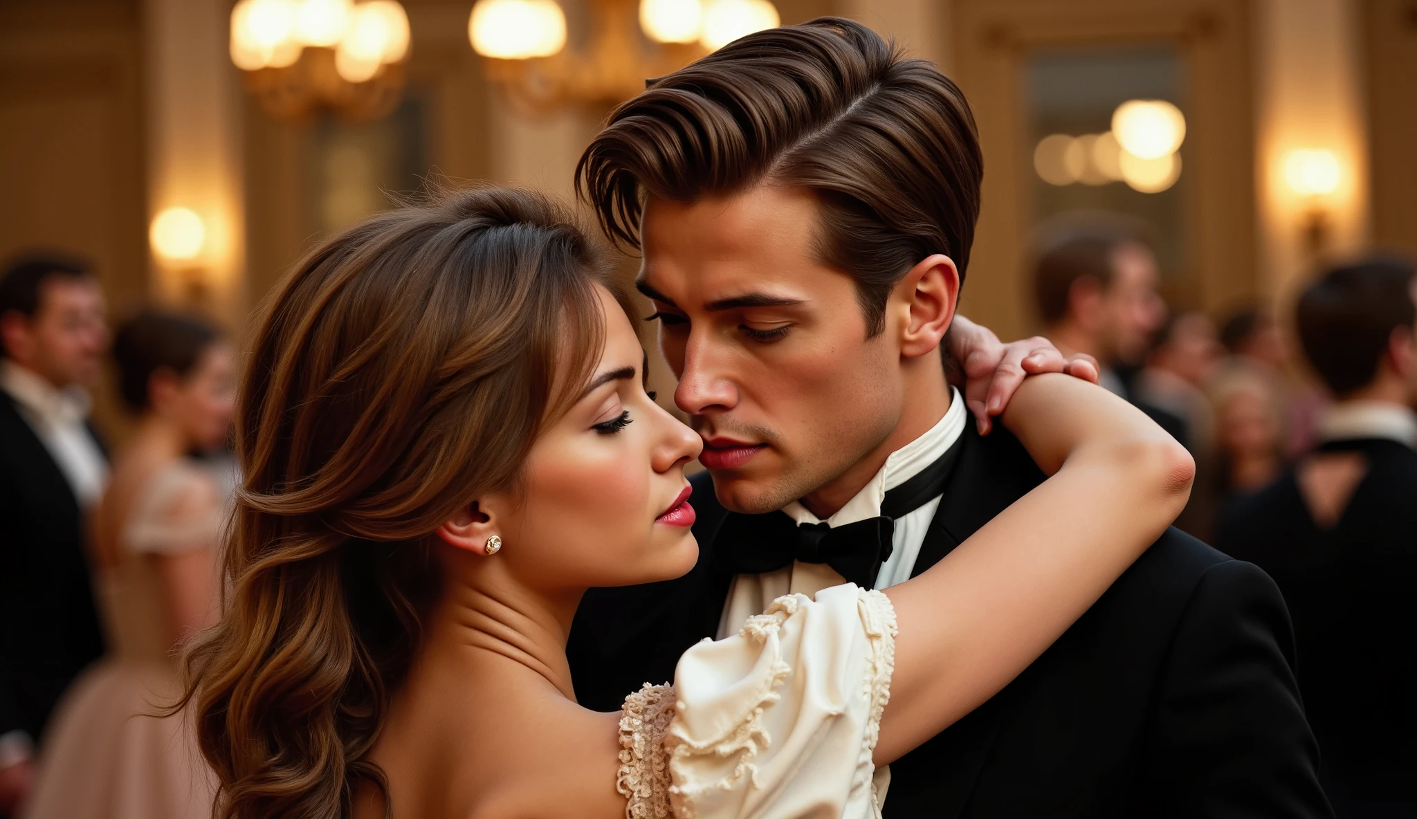 Eleanor, a beautiful and sensual woman (a very beautiful woman with long brown hair, dressed in 19th-century casual clothes), and Arthur, a handsome young man in 19th-century casual clothes. Arthur leans closer to Eleanor, concern etched on his face as they share a moment amidst the dancing crowd.,detailed background,,