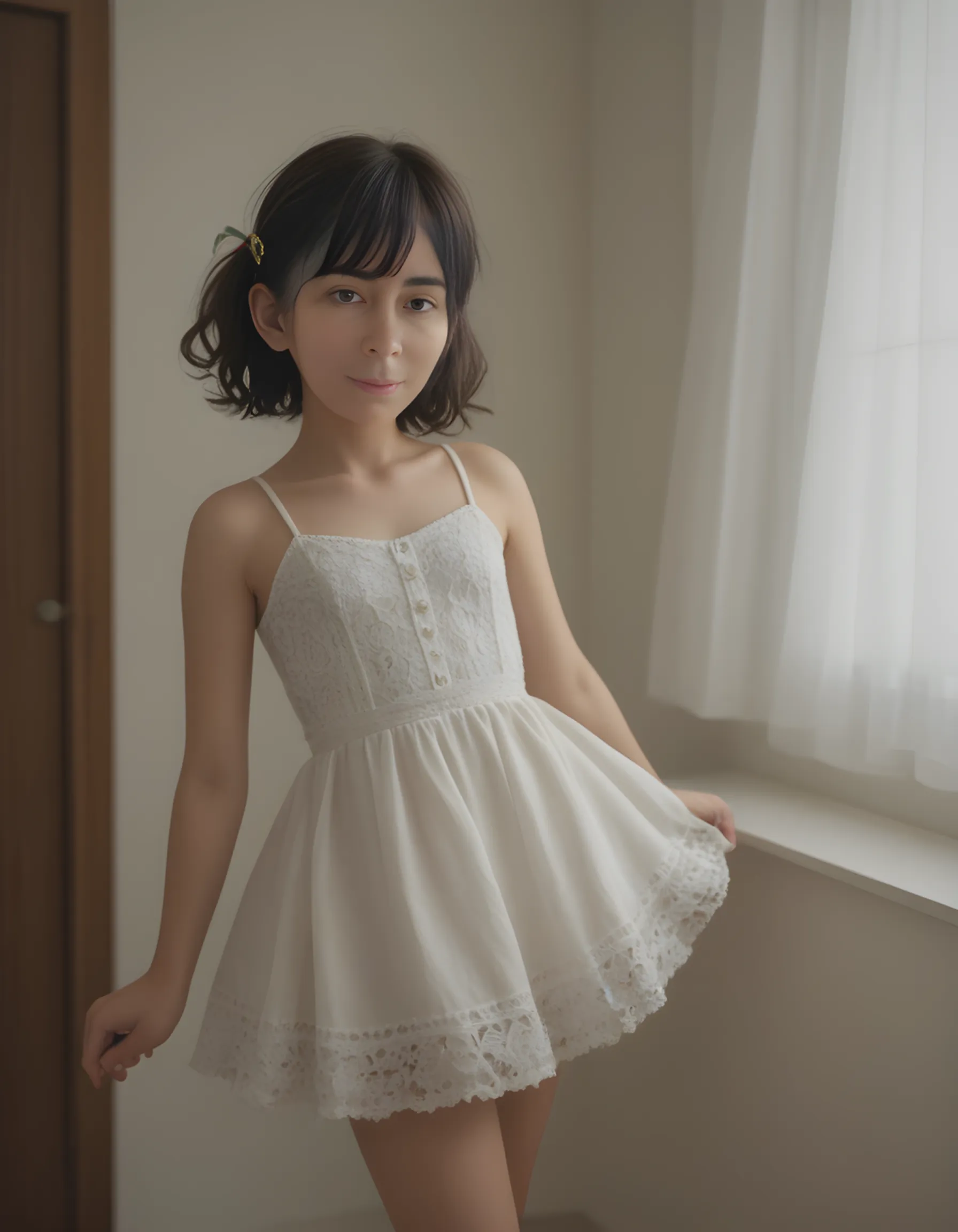 Loli,flat chest, standing, full body,short hair, short dress,summer dress, white dress, nighty gown