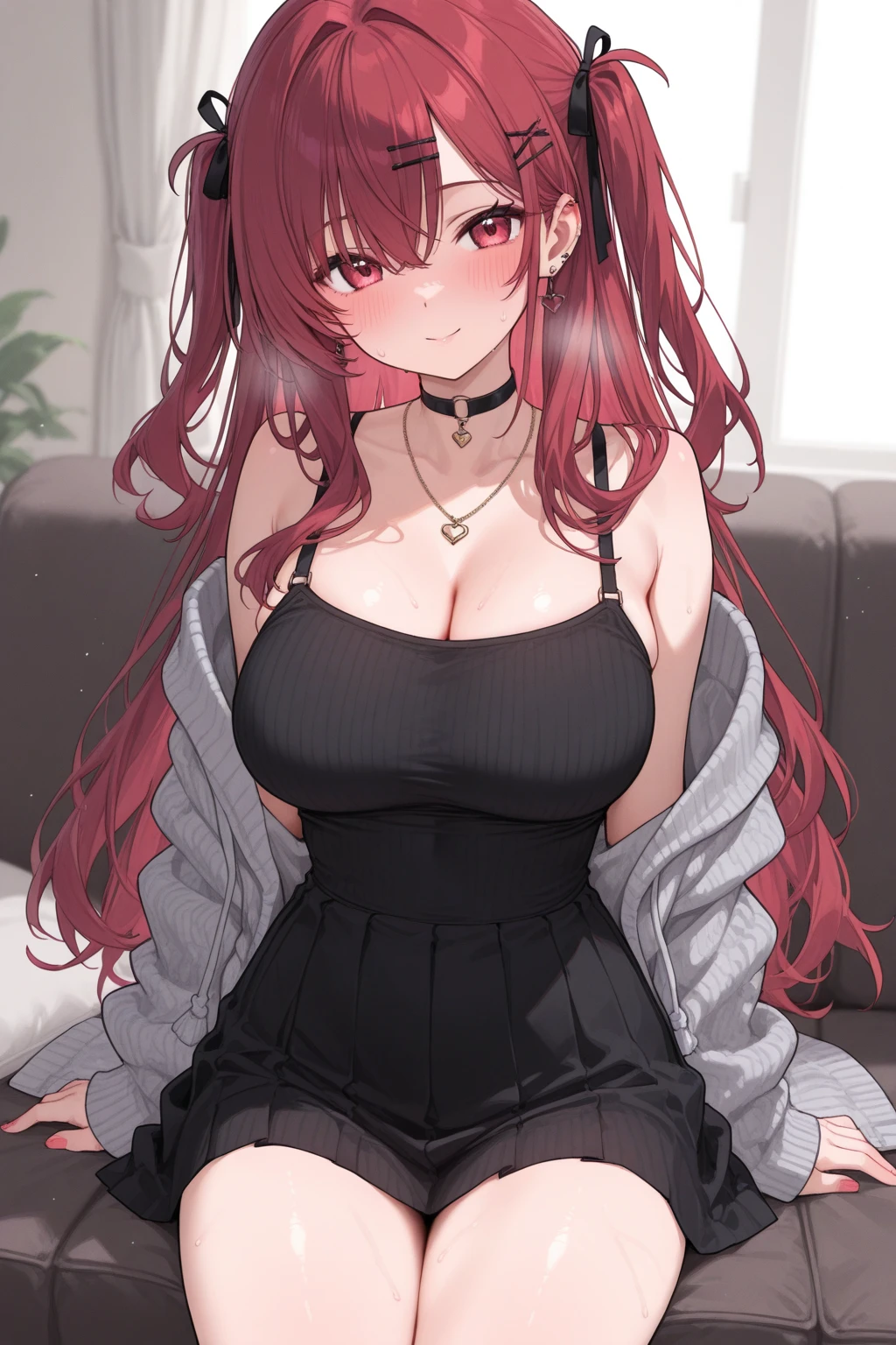 (masterpiece), best quality, 1girl, huge breasts, (maroon hair:1.2), long hair, (wavy hair:1.1), light blue eyes, full bangs, (black camisole:1.2), (gray plaid skirt:1.2), (standing:1.1), smile, closed mouth, pointy ears, (make-up, eyeshadow:1.1)