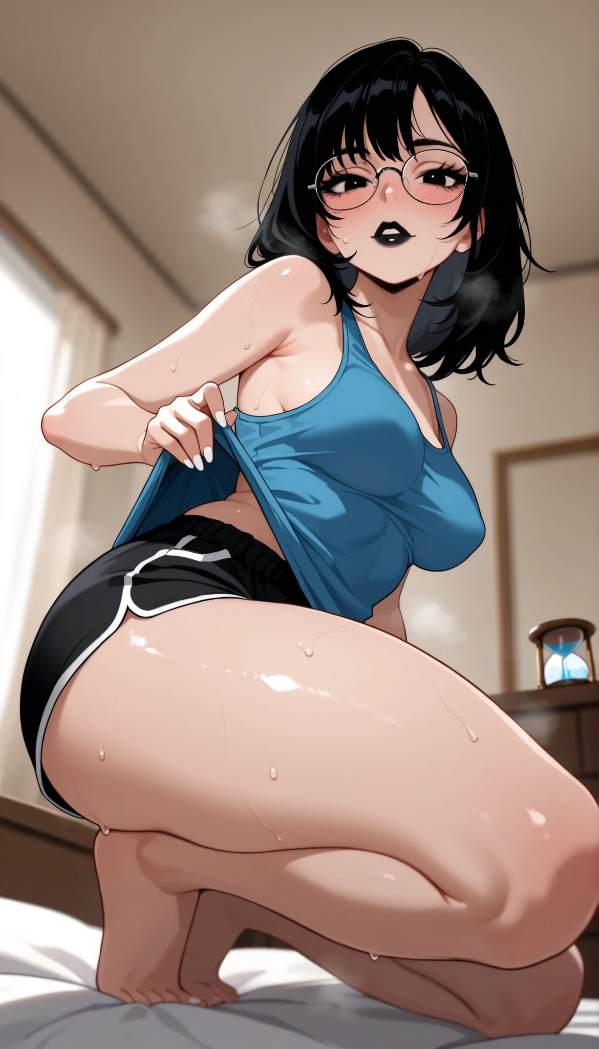 seductive japanese woman,plump body,pubic hair,cum in pussy,lying on back on ground,at off-street,sweaty,humid,open mouth,at midnight,back alley,sleeveless torn brown sweater,black hair,disheveled,black skirt,graffiti on wall,bukkake,wet skin,trembling,blushed and smile