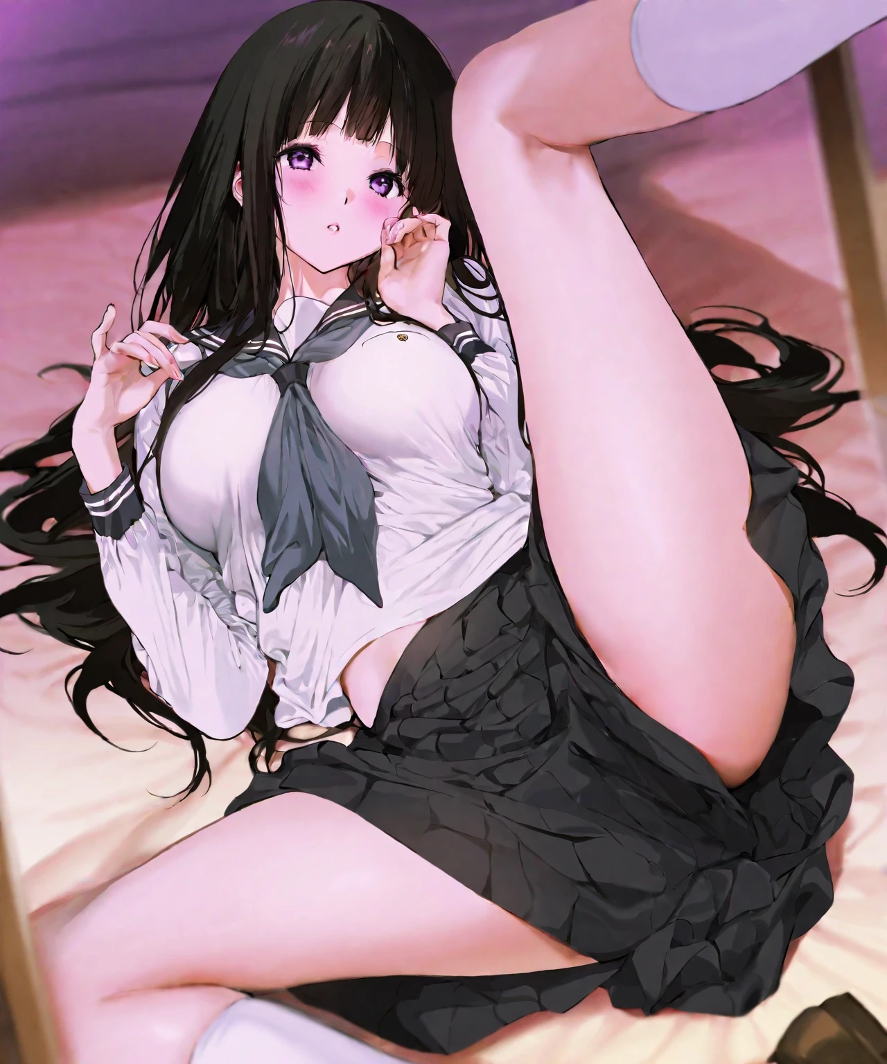 (best aesthetic,best quality,ultra high res,insanely detailed,exquisite,absolutely resolution,explicit),ligne claire,beautiful,BREAK,(((perfect anatomy,perfect proportion,artstation female body))),BREAK,(tiny toddler gal,loli),slut,BREAK,(detailed beautiful jewely catchlight gradient slant eyes),BREAK,(thick bluish eyeshadow, thin eyebrows, thick black eyeliner, Highlighted eyes with eyeliner, false eyelashes),BREAK,gleaming skin,super detailed skin,BREAK,((nsfw,in heat,aroused,heavy breathing,whore)),BREAK,small baby face,childish and super cute,((((blush)))),BREAK,Bishojo,ultra cute,Kawaii,BREAK,low body size,short stature,slender,4 head talls,BREAK,(((((jirai kei))))),BREAK,(black and purple ((streaked hair))))),(((((two side up long hair,wavy hair,pink bow))))),BREAK,((shiny glossy metaric beautiful hair,gradient hair)),BREAK,(((((medium breasts))))),(((((erectile nipples,long nipples))))),BREAK, (((((jirai fashion))))),(jirai fashion with black and pink,gothic:1.2),(saree:1.2),BREAK,(Ruffled lace thigh high knee socks:1.3),zettai ryouiki,garter belt,((No panties)),BREAK,love hotel,(lying on bed:1.4),evening,(dripping love juice:1.3),(sweet pussy,show off pussy:1.4),BREAK,(spread pussy,?????,urethra,clitoris,crotch grab,spread legs,open legs wide:1.4)