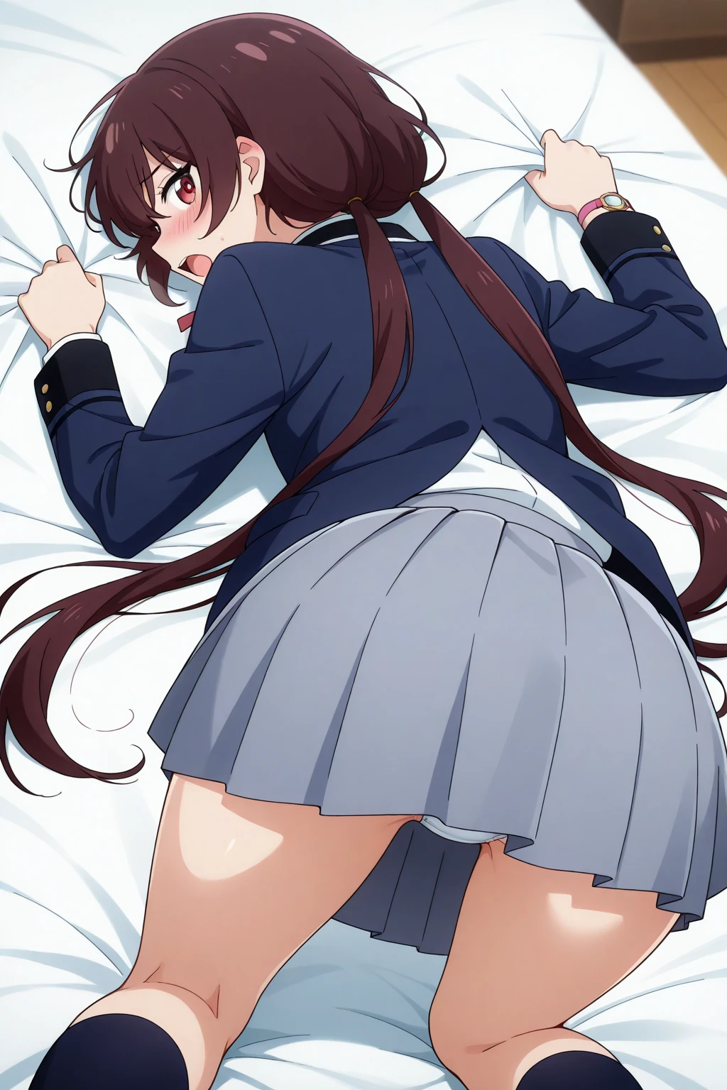 one man, long messy brown hair, Big lips, Thin eyebrows, Thin body, drooping eyes, Blushing, Sexual arousal,, for two, Covered, penetration, Ass, Toned, Slender legs、darkened room, femboy, hot, sexy, tongue out, moaning, sweaty, saliva, crying, scared, overwhelmed, pink lingerie, big breasts, 1girl, schoolgirl outfit, piss on bed, pissing, corruption , sex, sexx, squirting, yellow liquid, pee, peeing, ceazed expression, gripping the bedsheets