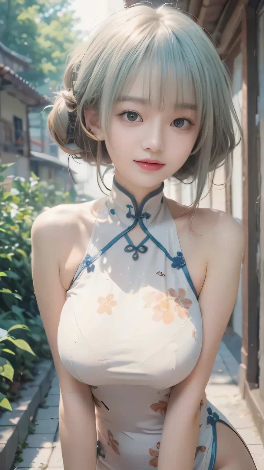 (masterpiece, top quality, best quality)、photoreality、Ultra High Definition、girls, Chinese dress、Stylish、summer, living、Sunshine, high resolution, Super Detailed、(Blush、Staring fascinatingly )、(big breasts、 cleft)、((Messy Hairstyle))、(perfect anatomy)、(Detailed Handshake:1.3, Perfectly Right Hands:1.3)