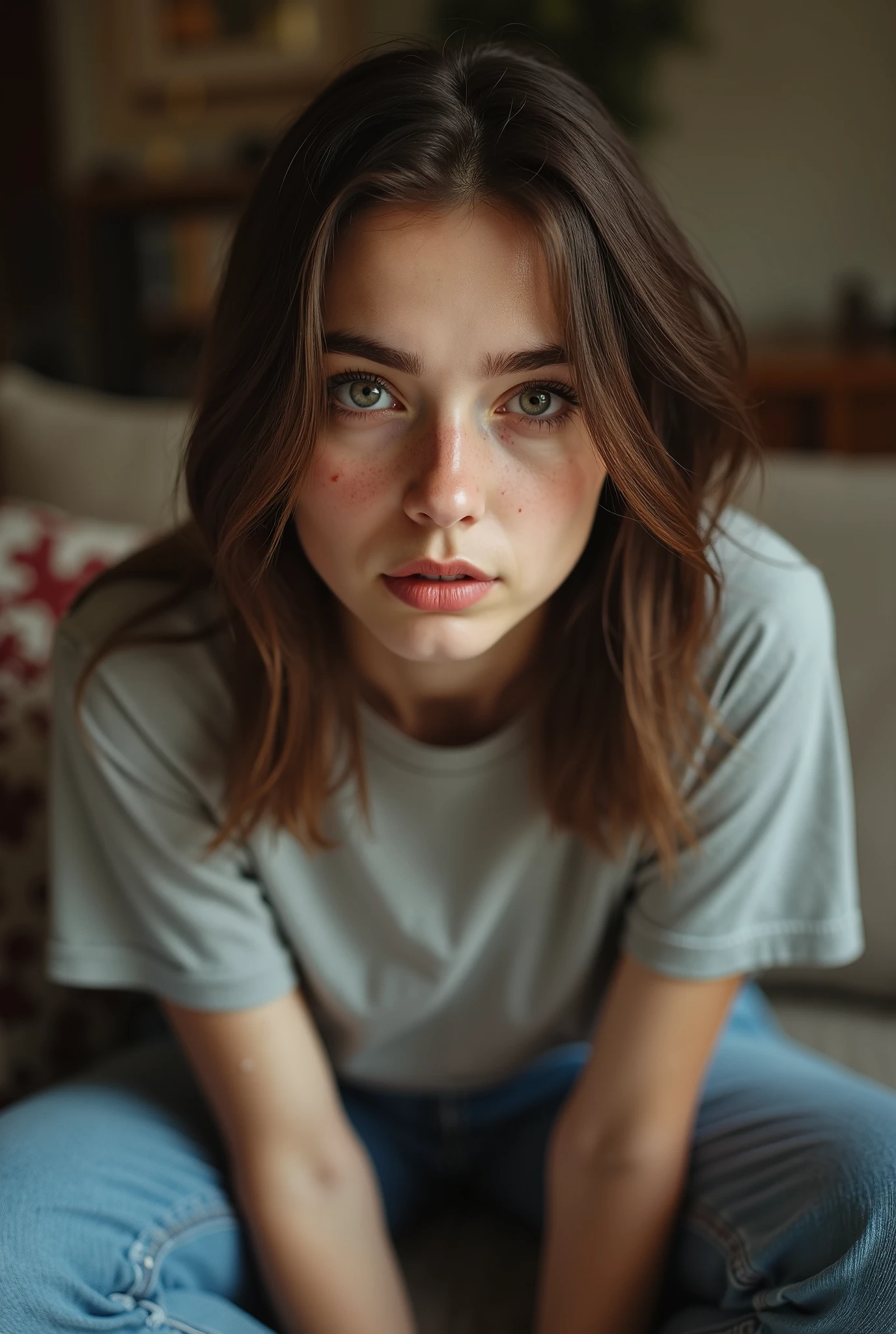 Photorealistic full-body portrait of a young woman in a casual home setting, seated comfortably on a sofa or standing in her relaxed space. She wears casual clothes — perhaps jeans and a simple T-shirt or sweatshirt. Despite her laid-back appearance, she exudes an unmistakable aura of dominance and control. She is staring directly at the viewer with a cold, unblinking gaze — her expression calm but unyielding, with a subtle hint of sadistic amusement. Her eyes radiate quiet authority, as if she doesn’t need to speak to assert control. The viewer feels psychologically exposed and subdued under her passive but intense stare. The lighting is natural and soft, the environment warm and familiar, which contrasts unsettlingly with the emotional tension she creates. Ultra high detail, realistic textures and expression, photoreal 8K composition. A visually and psychologically intriguing scene of quiet domination without cliché.
