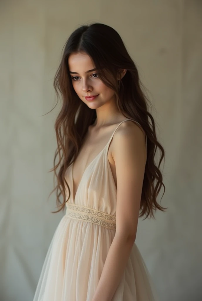 Slender brunette teen, long wavy hair, extra pale skin, freckles, dramatic lighting with shadows, posing in a tight dress