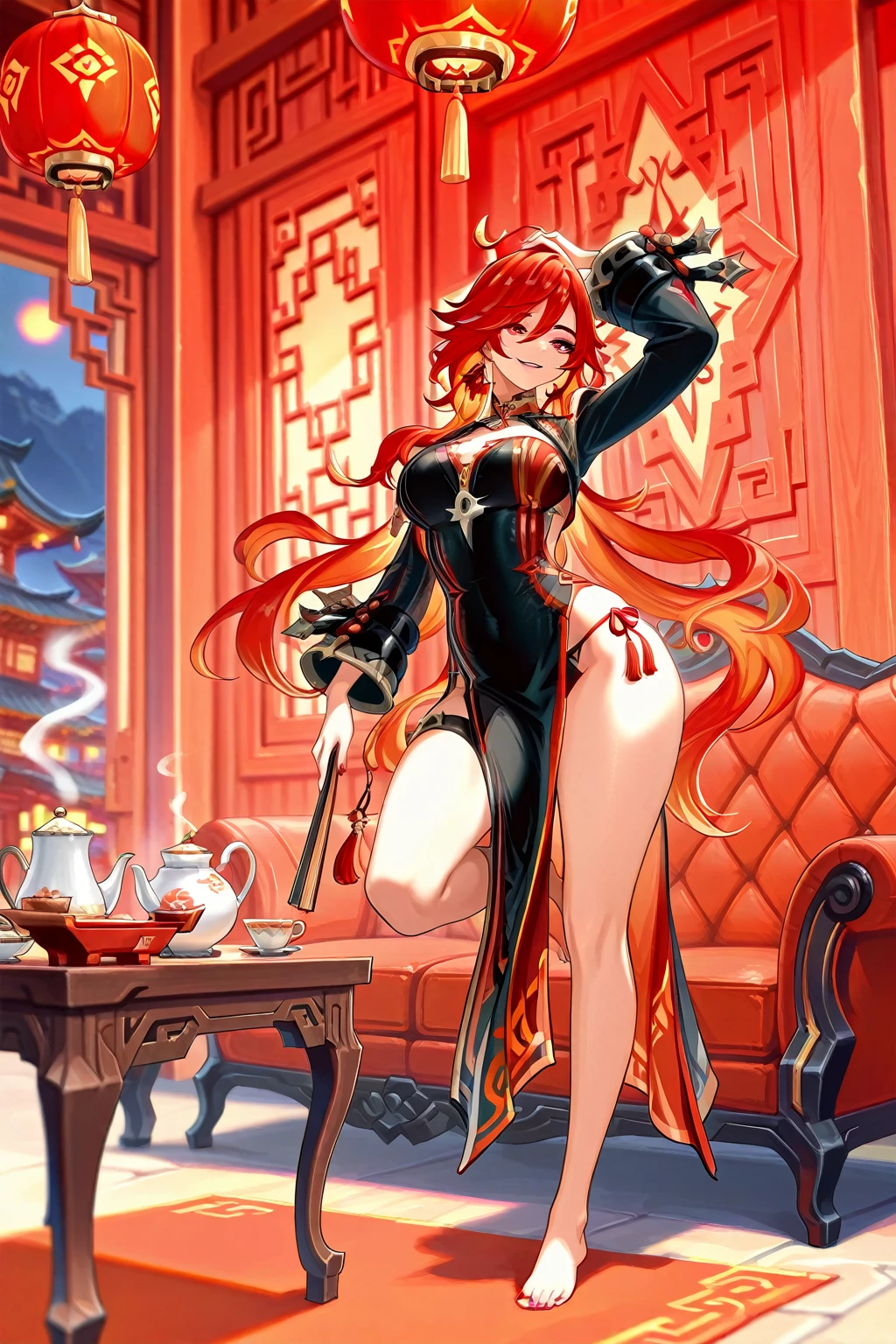 absurd, highres, ultra detailed, (ultra-detailed background, detailed background), extremely detailed, flame demon woman, adult woman, perfect adult face, 35 years old, (zentangle:1.2), (geometric:1.2), colorful, full body,  pose, short clothes, dragon tattoo, stars, tiny , , muscular, perfect body, vietnamese ornaments, demon of japanese culture