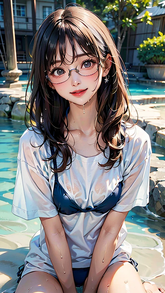 1人の女性、brown haired(Curta)、Brown eyes、Black-rimmed glasses、Ring piercing of the earlobe、Attractive、outdoor bath