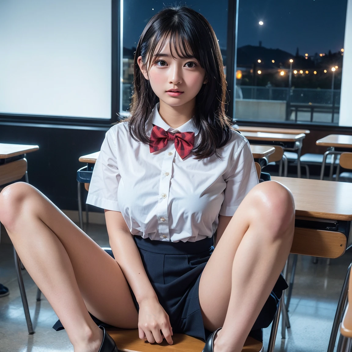 1 girl, blonde, bangs with on-eyebrows, white panties, thin legs, sitting on tatami mats in a private room of a long-established restaurant in Kyoto, legs spread, perfect anatomy, depth of field, 8K, highest quality, super high resolution, beautiful face in detail, realistic human skin, front view, angle from below, realistic, (photorealistic: 1.4), cute, short skirt, cute schoolgirl, Japan schoolgirl wearing uniform, full body, mental stillness, transcendental tranquility, Absurdres, hdr, highly detailed face, RAW photo, film grain, deviantart trend, movie scene, natural light