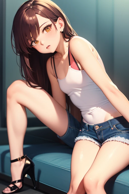 A anime girl, milky white skin, light brown hair, lying down on a bed on her stomach, wearing black jean booty shorts, with a white crop top