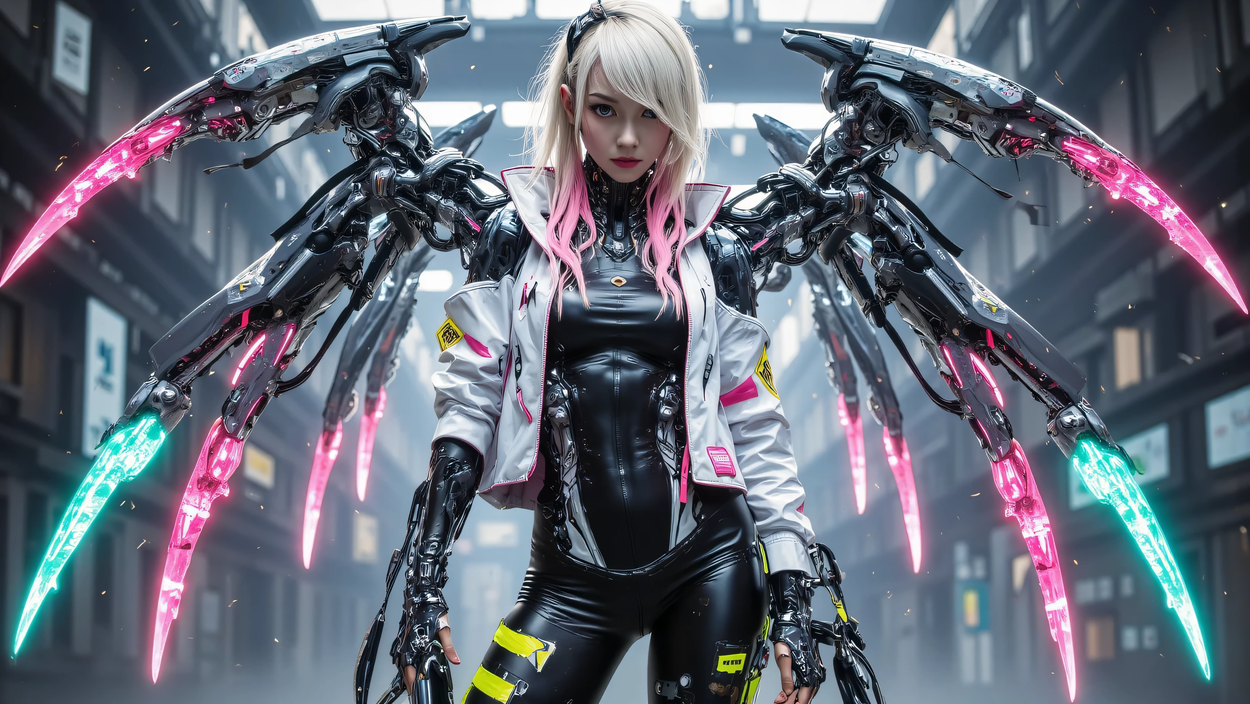 Full body image of a 19-year-old woman, slim but very athletic body, thin waist. 

He has long platinum hair with pink and neon green on the tips and a little hair on his face. fair skin, pink eyes with an eyeliner, slightly pronounced copper lips.

She wears a cybernetic suit that covers almost her entire body like a futuristic Cyberpunk style armor,  leaving her arms free , stylized to maintain her feminine shape, , also visiting a white motorcycle jacket with pink and red stripes, , and on top she wears urban style black pants with neon stripes and cybernetic boots with pink and turquoise sparkles stands with  apart big tight round  in viewer's face, ,  gaze 