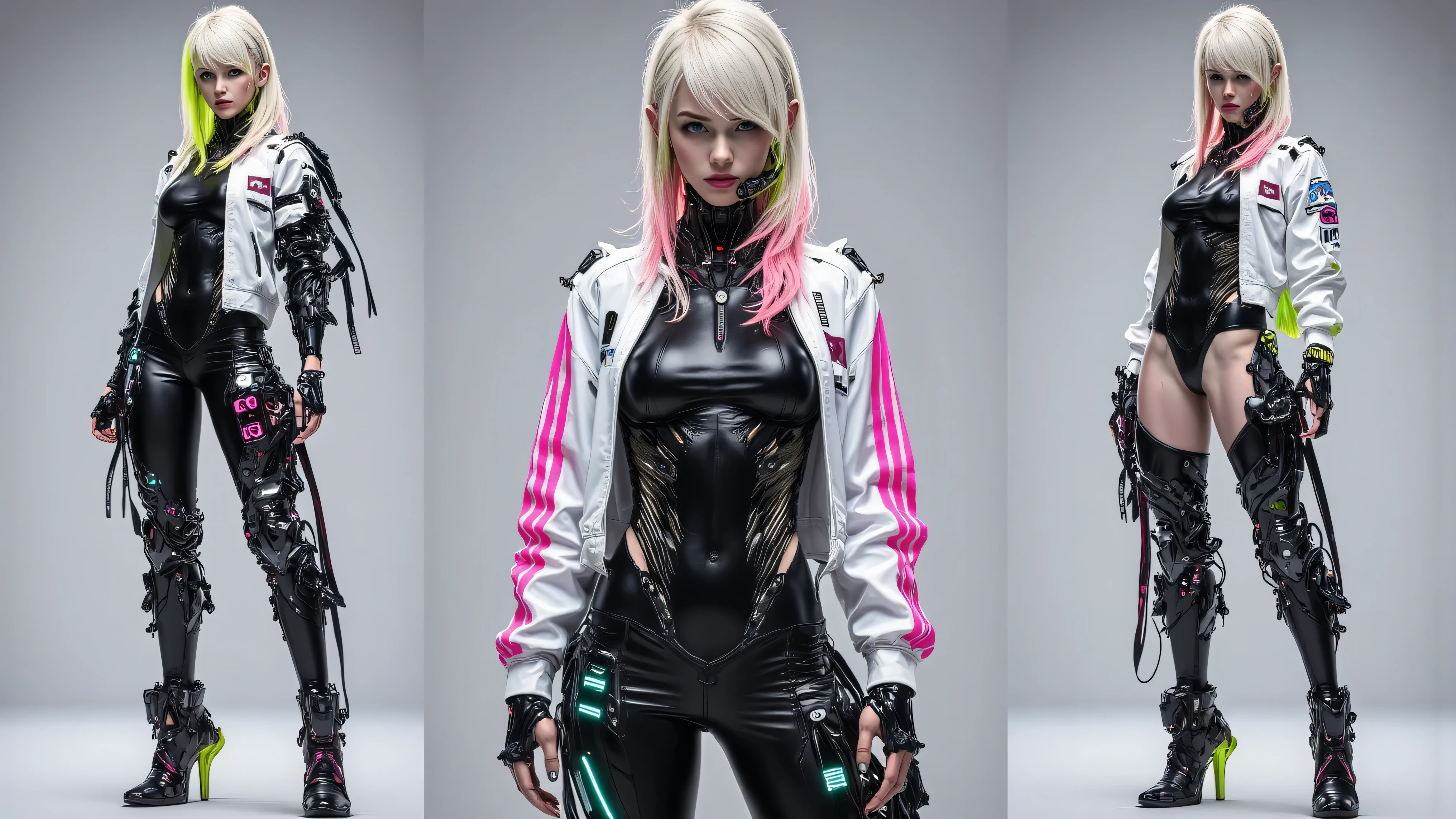 Full body image of a 19-year-old woman, slim but very athletic body, thin waist.
He has long platinum hair with pink and neon green on the tips and a little hair on his face. fair skin, pink eyes with an eyeliner, slightly pronounced copper lips.
She wears a cybernetic suit that covers almost her entire body like a futuristic Cyberpunk style armor, leaving her arms free , stylized to maintain her feminine shape, , also visiting a white motorcycle jacket with pink and red stripes, , and on top she wears urban style black pants with neon stripes and cybernetic boots with pink and turquoise sparkles stands with apart big tight round in viewer's face, , gaze