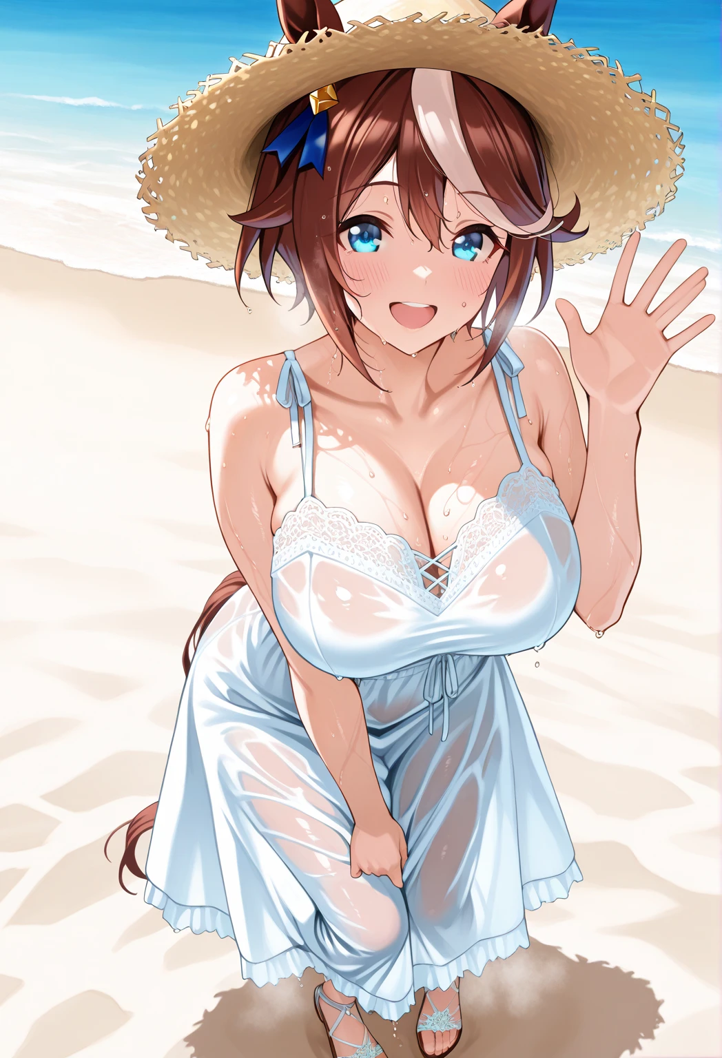 (Highest quality), (masterpiece), happy, 1 girl, Early 20s, 重くて垂れ下がったBig Breasts, Big Breasts, thick, thick lips, Wide Hips, She is wearing a blue sundress with a floral pattern, Walking on the beach