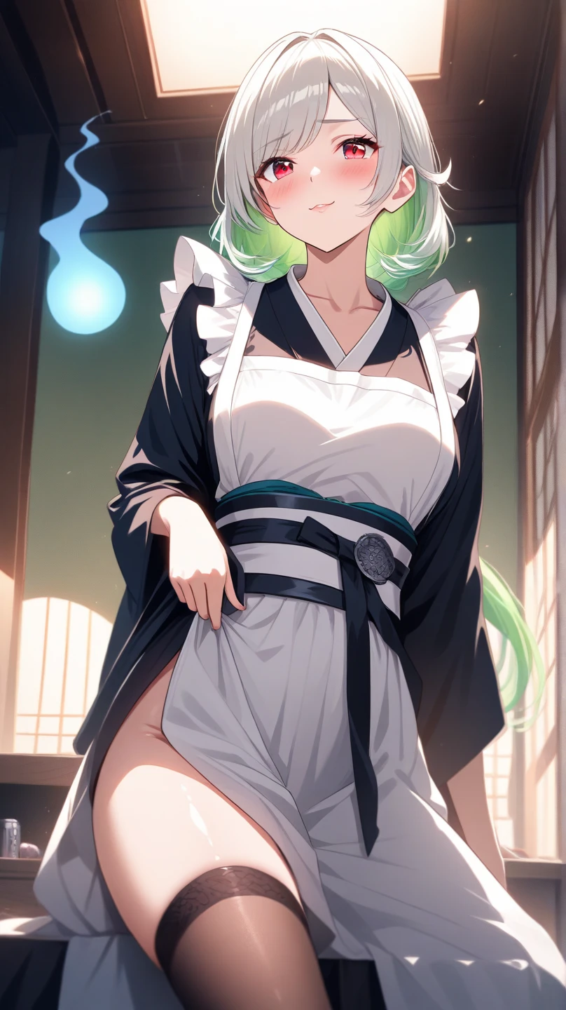 A woman wearing a yellow kimono with black details, long sleeves, weak green hair, pigtails, walking in a room of a Japanese house, smiling, big breasts, full body,.Surrealism, drop shadow, anaglyph, stereogram, tachi-e, pov, atmospheric perspective, 8k, super detail, ccurate, best quality, award winning, textured skin, highres, anatomically correct, (woman solo)

