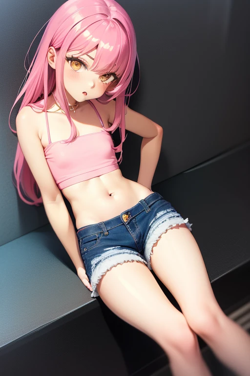 realistic image, detailed image, coherent image, 1 beautiful girl, she has very long hair, she has a black bow in her square bangs, pink hair, light blue eyes, smiling, winking, she is wearing a loose blouse, showing navel, mini jean shorts, sneakers, She has a curvy body, big breasts and thick thighs, She is sitting eating a bowl of ramen, sitting sensually, showing her legs, arching her back, surrounded by falling flower petals around, inside a restaurant, full body view, view from above, sunset, twilight, Soft focus, Dramatic shadows, Volumetric lighting, natural lighting,chika fujiwara