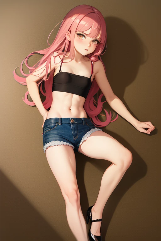 Flat Chest、Pink Bra、Pink Panties、Angry face、whole body、Stand with your feet apart、Cross your arms、White background