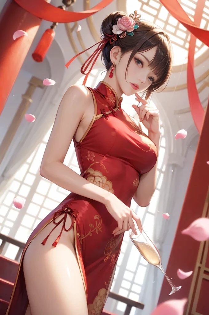 (masterpiece,Highest quality,Ultra-high resolution),Japanese women, (((Very beautiful 25 year old girl))), pretty girl、Look at the photographer、 ((Beautiful low ponytail)), Very cute face, Glossy Lips, Double eyelids on both eyes,Natural smile、 Natural Makeup, Long eyelashes, Shiny and smooth hair、Center image, Perfect limbs, Perfect Anatomy,(((China dress)))、((()),Wet with sweat,