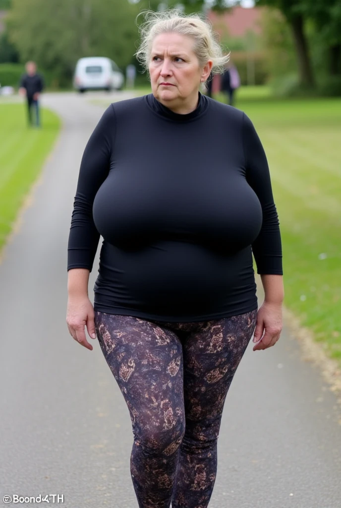 A 35 years old woman, walking in the dark forest. Wearing a knitted turtleneck sweater, long skirt, high heels, extremely huge saggy breasts. She is in a hurry. Looking very scared.