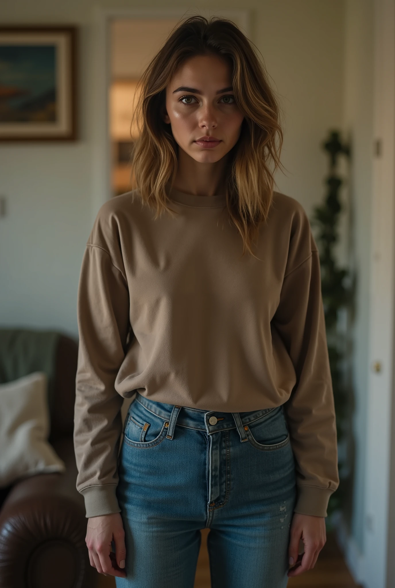 Photorealistic full-body portrait of a young woman standing in her apartment, having just caught the viewer doing something pathetic or disappointing. She’s wearing casual clothes — jeans and a fitted top or sweatshirt — and stands in a relaxed but cold posture. Her arms may be crossed or resting at her sides, but her gaze is intense: she’s staring directly at the viewer with a sharp, icy, disapproving look. Her expression is tight and motionless, eyes narrowed, as if evaluating you in silence. There's no warmth — only psychological pressure and emotional coldness. The viewer feels judged, exposed, and powerless under her silent authority. The lighting is soft and natural, the setting is familiar and casual, but the emotional weight is suffocating. Ultra high detail, natural cinematic lighting, subtle facial tension, photoreal 8K. A quiet but devastating moment of control and judgment.