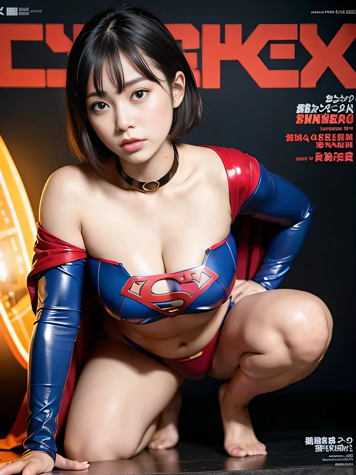 masterpiece、supergirl costume、short hair、barefoot、big and full breasts、Private sauna、masturbation addict on bed、sexy pose、athlete、shiny、looking at camera、Seduce、choker、enamel、red mini skirt、Weekly magazine cover、Sculpture Magazines、sweaty、water droplets、