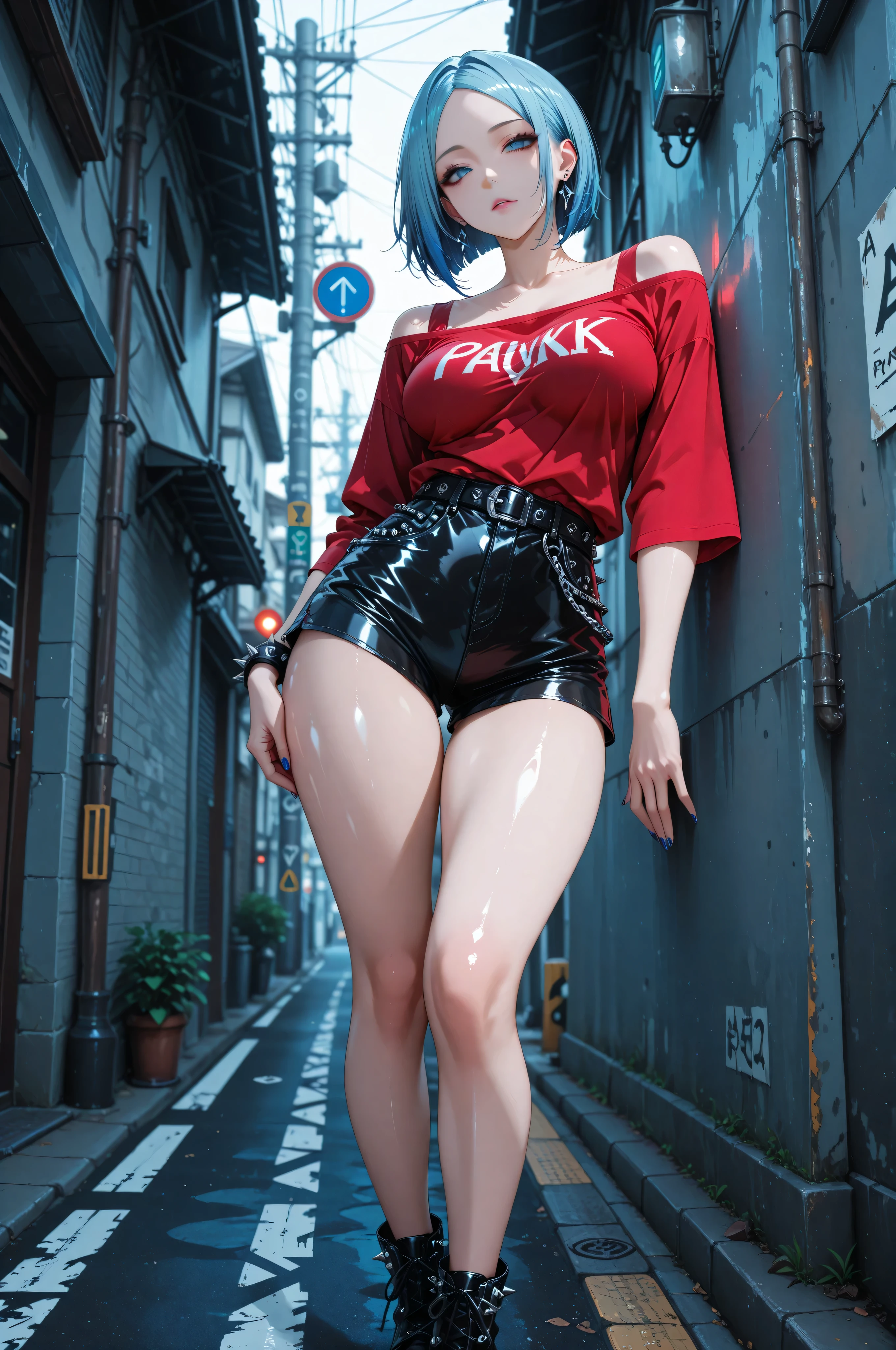 anime girl 26 years old white swimsuit navy blue denim pants urban landscape red hair brown eyes with cat on the shoulder and umbrella