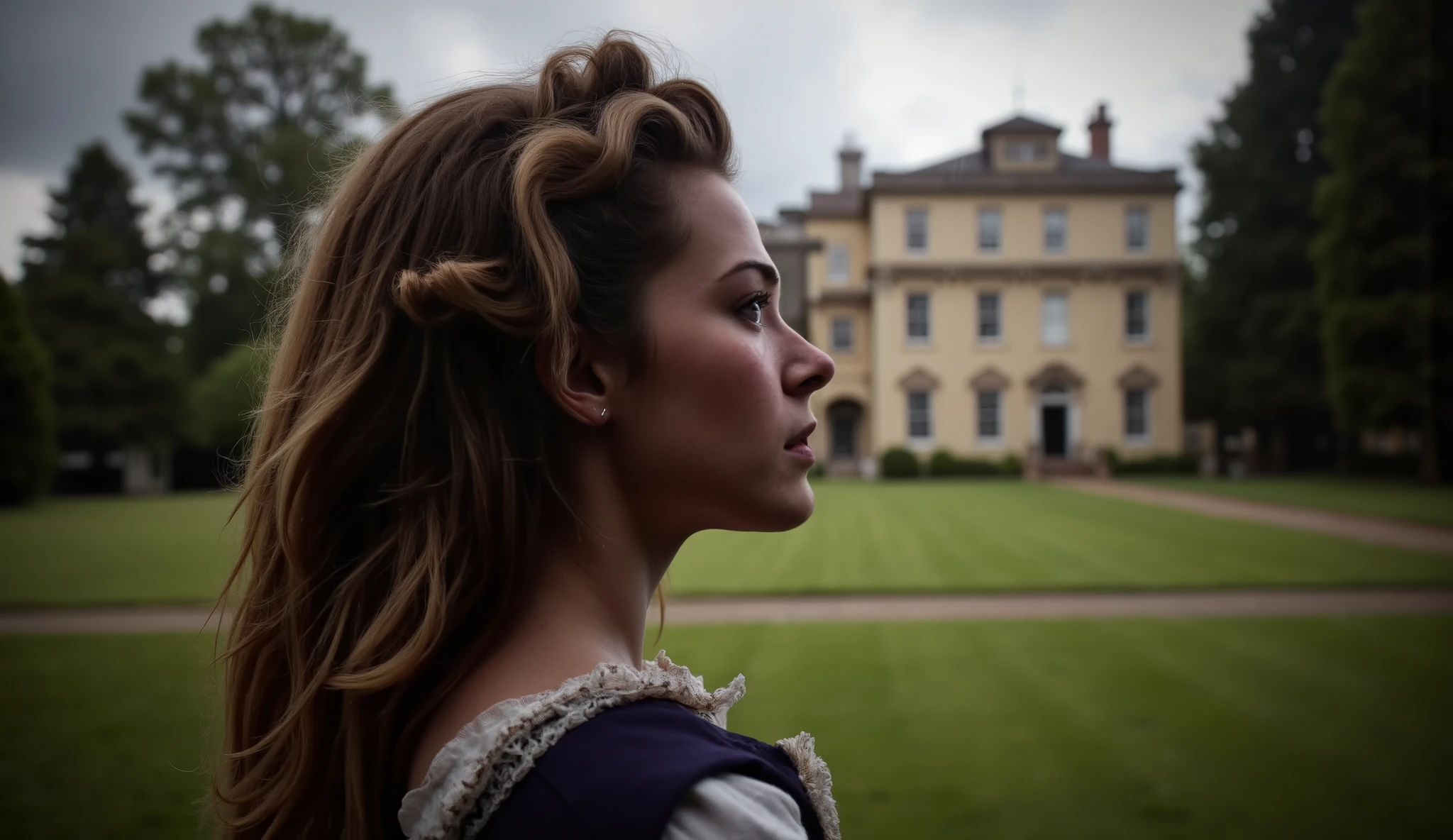 Eleanor, a beautiful and sensual woman (a very beautiful woman, with long brown hair, dressed in elegant 19th century clothes), you can see Eleanor's face, she has a tearful expression, looking into the void, almost in profile, in the background you can see the beautiful mansion of Hartley Manor, it is a rainy day