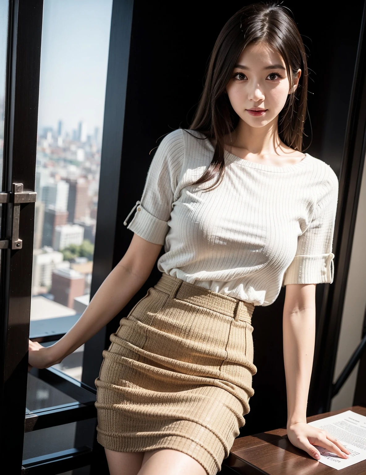 ((of the highest quality, 8K, masutepiece: 1.3, Raw photo)), Sharp Focus: 1.2, (1 AESPA Girl :1.1), Solo, (Realistic, Photorealistic: 1.37), (Face Focus: 1.1), Cute face, hyperdetailed face, (short messy hair: 1.2), Small breasts, flat chest, office room, (Off-the-shoulder chiffon shirt, business skirt, thigh: 1.3), sunlight