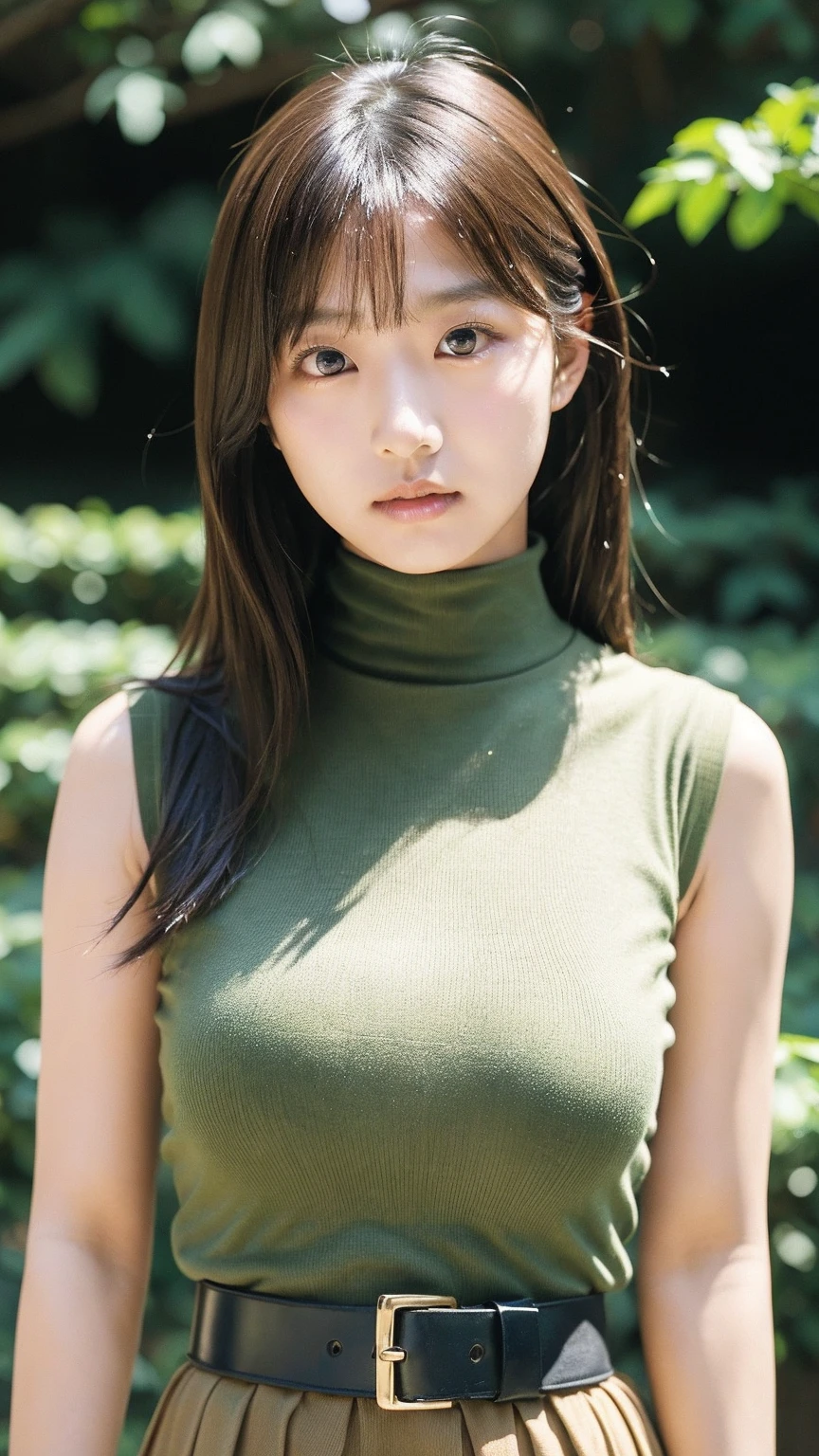 Slender Japanese woman staring at the camera、Black turtleneck sweater、Green tree on background々or bushes、High resolution、High resolutionの画像、photo from the waist up