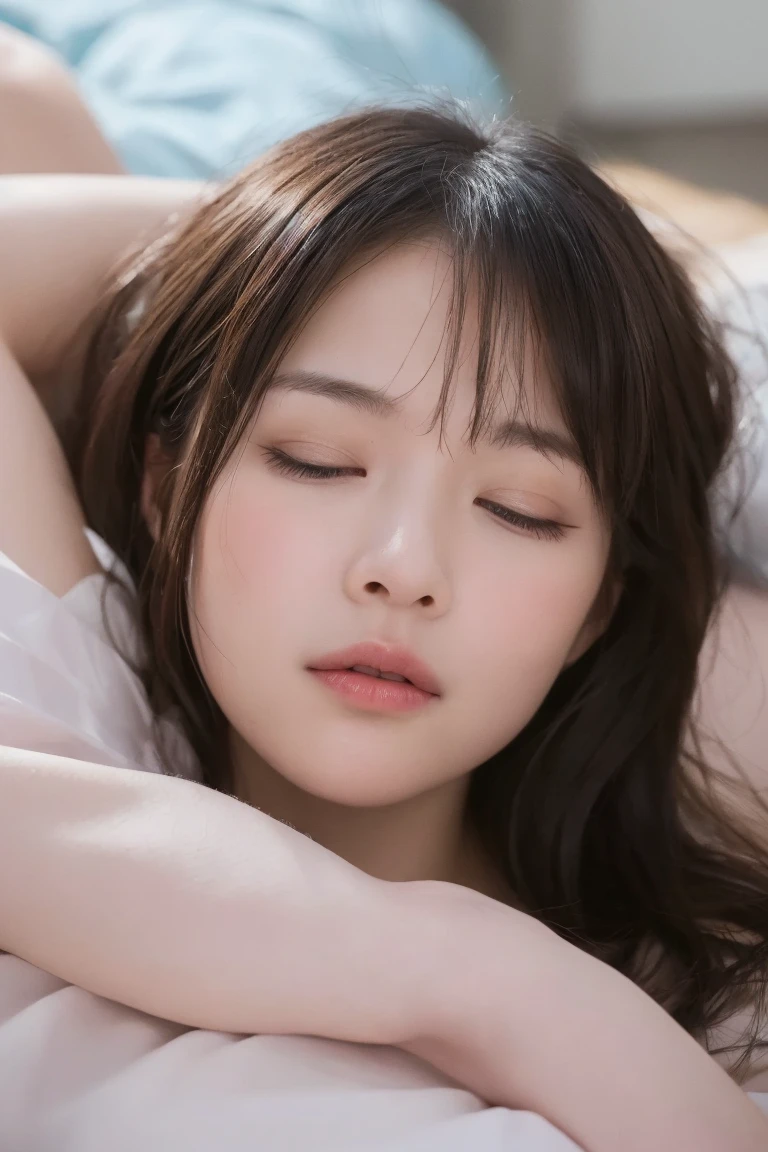 masterpiece, ultra high res, (photorealistic:1.4), 8k, RAW photo, best quality, detailed shadow, best quality, amazing, finely detail, official art, absurdres, soft lighting, sharp focus, (bokeh:1.4), light from the front, bloom, cinematic lighting, light on face, (sleep on one's back:1.4),
1girl, (huge breast:1), (cleavage:1.2), (light brown hair:1.4), (bangs:1), floating hair, very cute,
(perfect face:1.4), super detailed beautiful skin, (narrow weist:1.8), (abs:0.7), (teenage:1), (12 years old:1.5), (collarbones:1), (extremely delicate and beautiful girls:1), (wide forehead:1), (skinny:1.2),
nude, (perfect face:1.4), (Japanese face:1.2), drooping eyes, eye bags, (wide forehead:1), (fair skin:1.5), (transparent skin:1.5),(Japanese idle:1.3), (kawaii:1.3), black eyes, (catchlight:1.2)